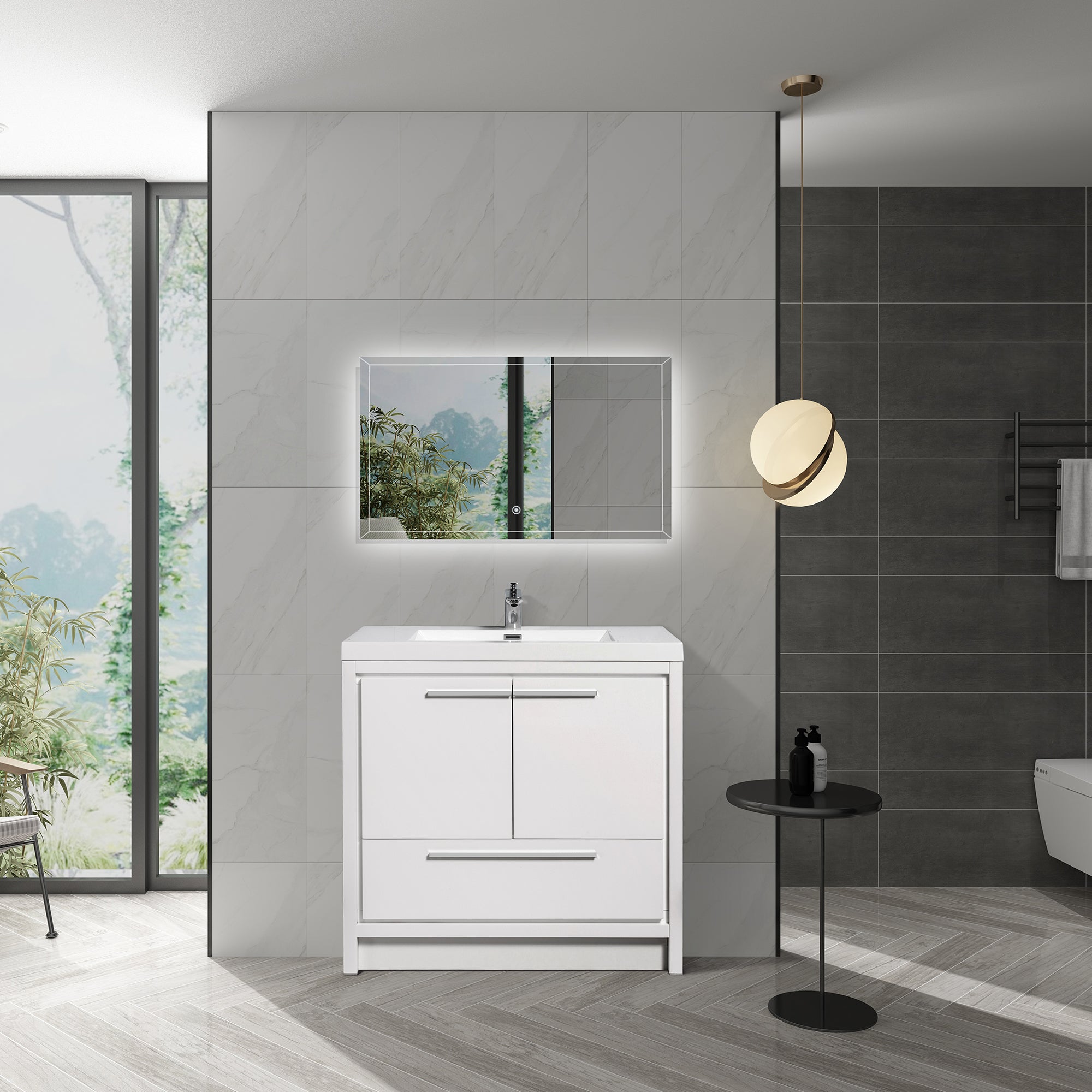 36 in. Freestanding Bathroom Vanity Set in HG-White with Integrated Solid Surface Sink