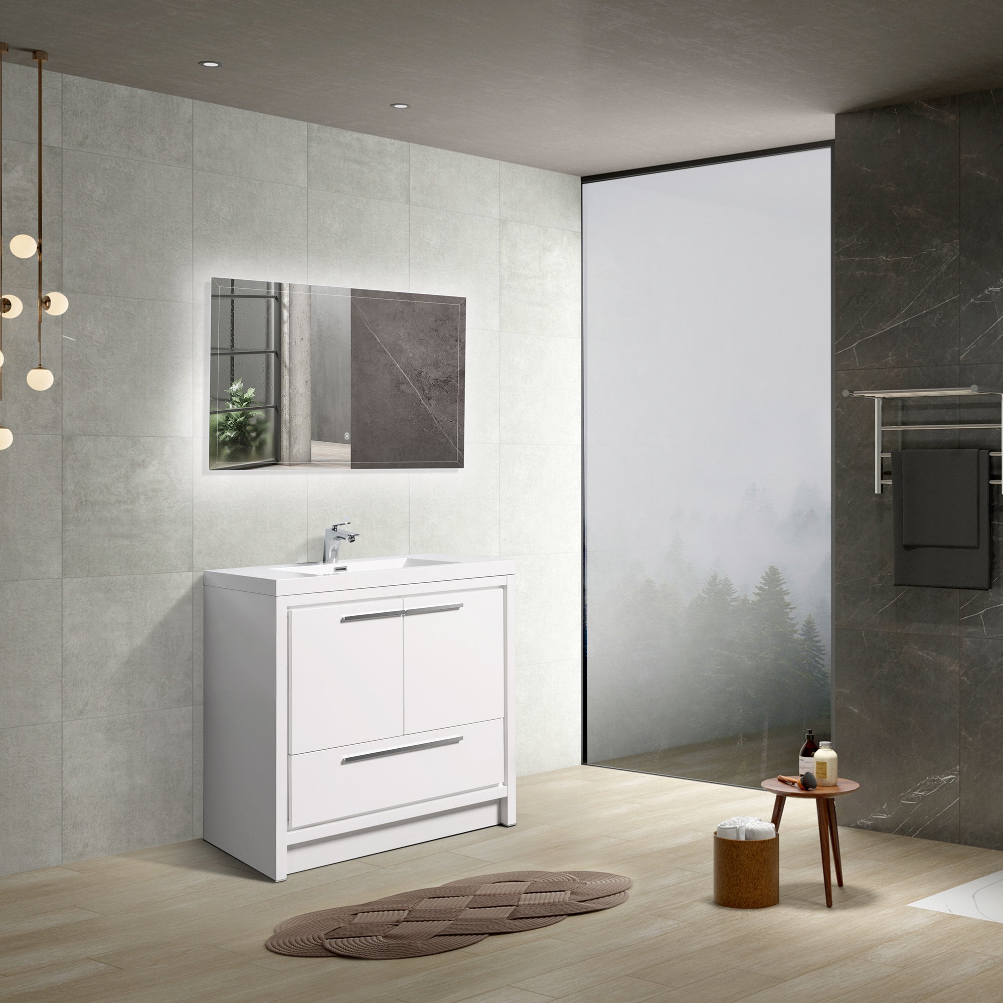 36 in. Freestanding Bathroom Vanity Set in HG-White with Integrated Solid Surface Sink