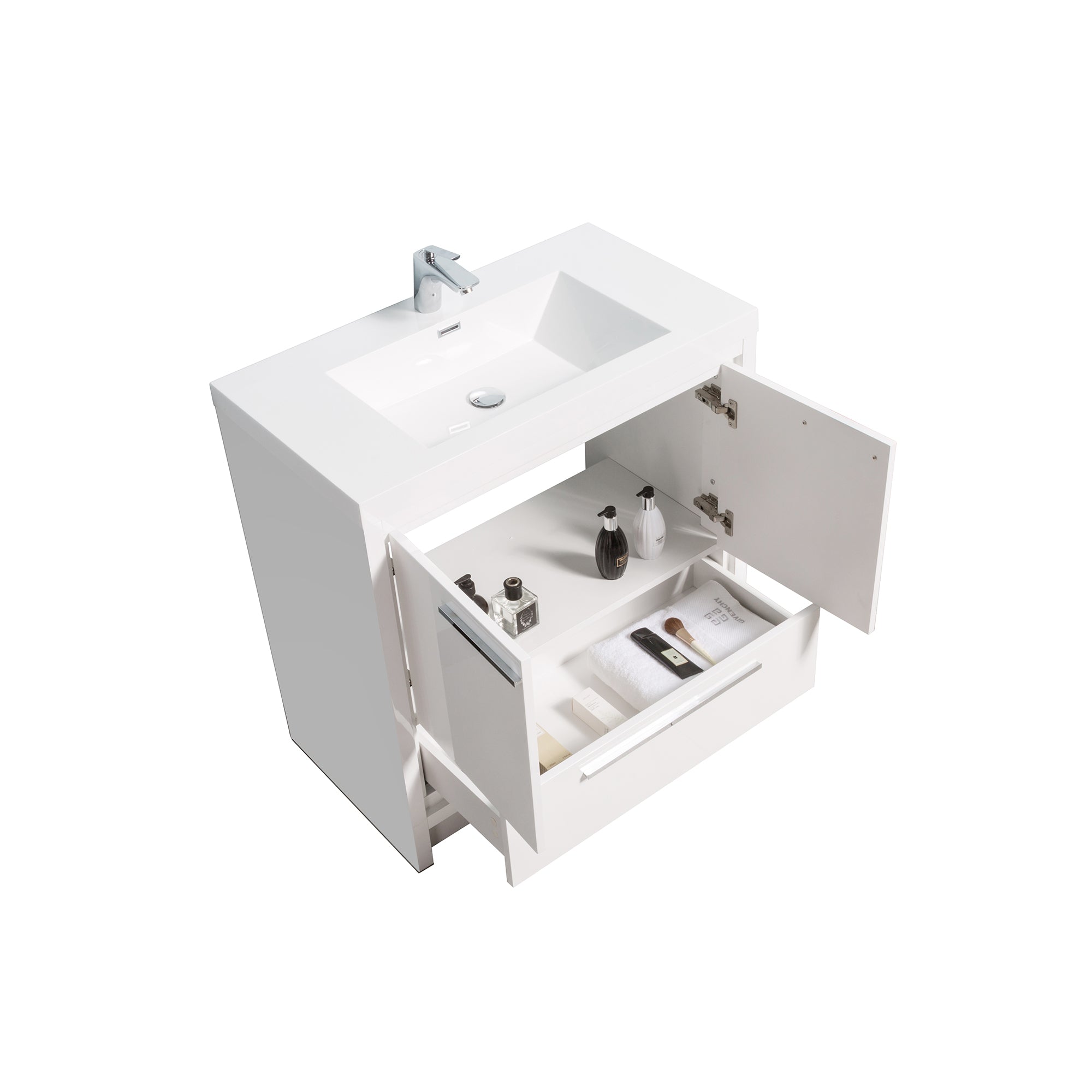 36 in. Freestanding Bathroom Vanity Set in HG-White with Integrated Solid Surface Sink
