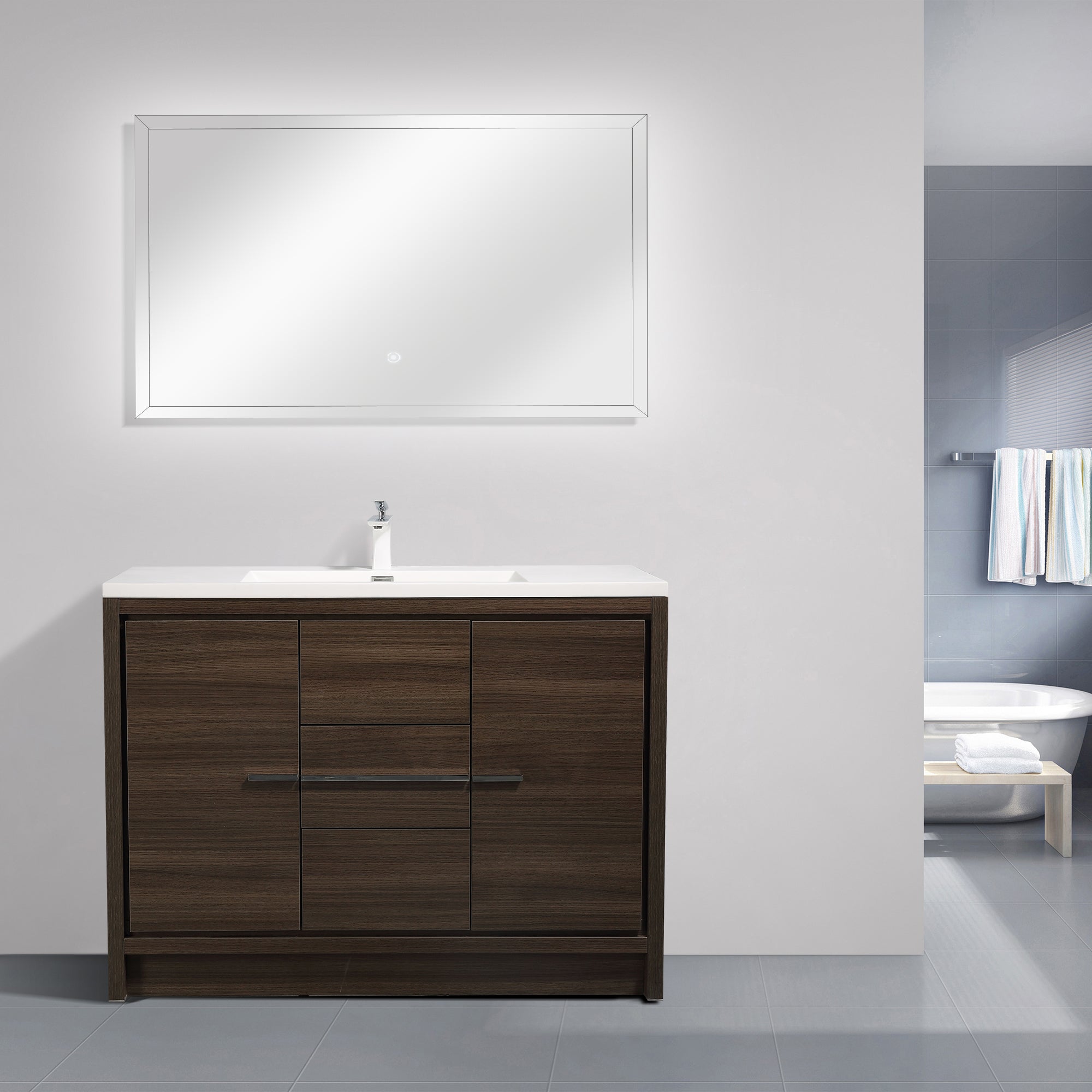 48 in. Freestanding Bathroom Vanity Set in Grey Oak with Integrated Solid Surface Sink