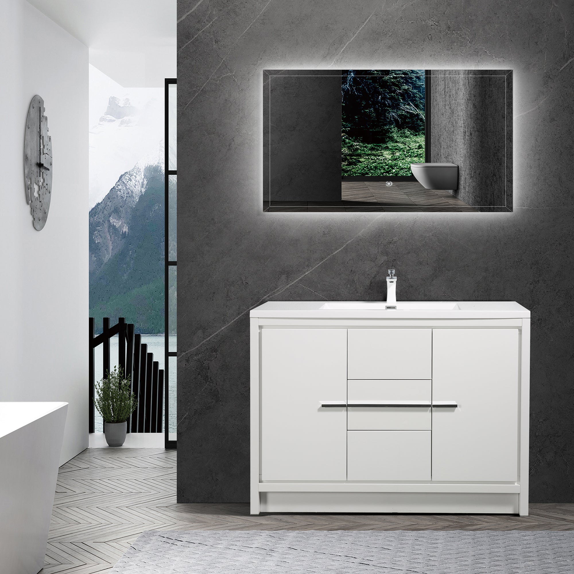 48 in. Freestanding Bathroom Vanity Set in HG-White with Integrated Solid Surface Sink