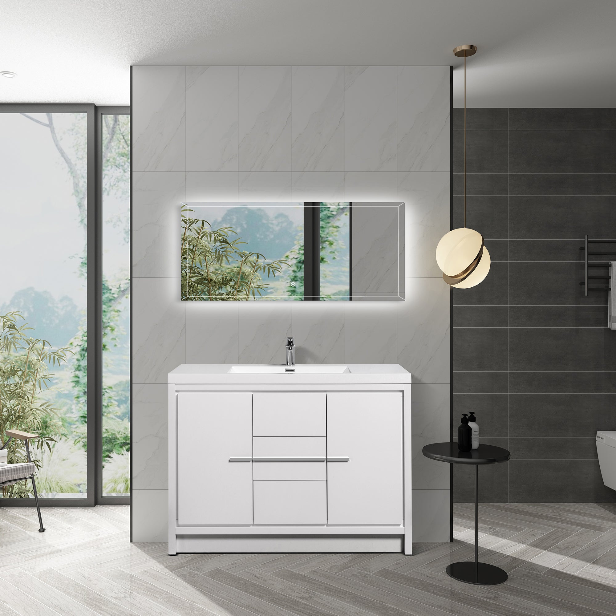 48 in. Freestanding Bathroom Vanity Set in HG-White with Integrated Solid Surface Sink