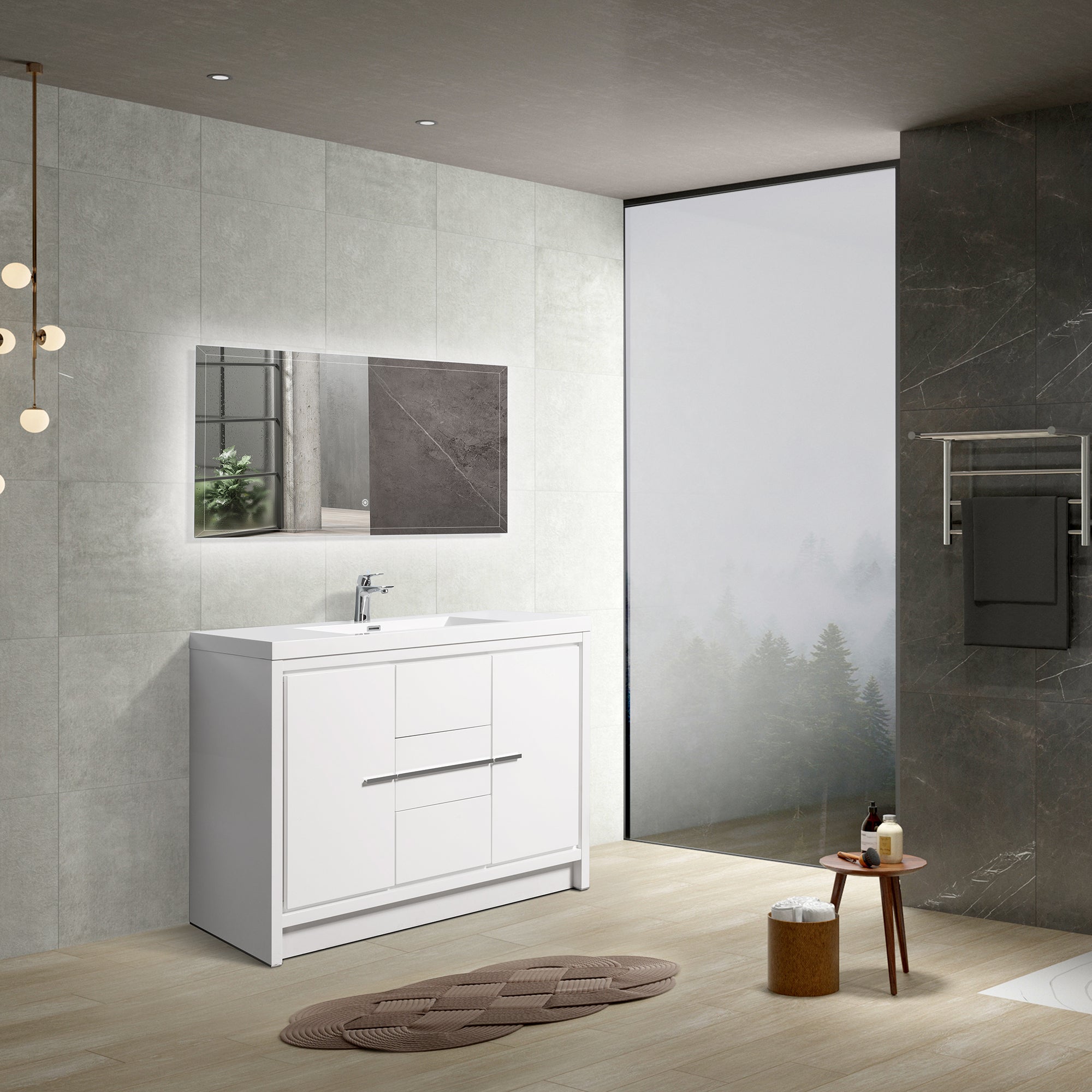 48 in. Freestanding Bathroom Vanity Set in HG-White with Integrated Solid Surface Sink