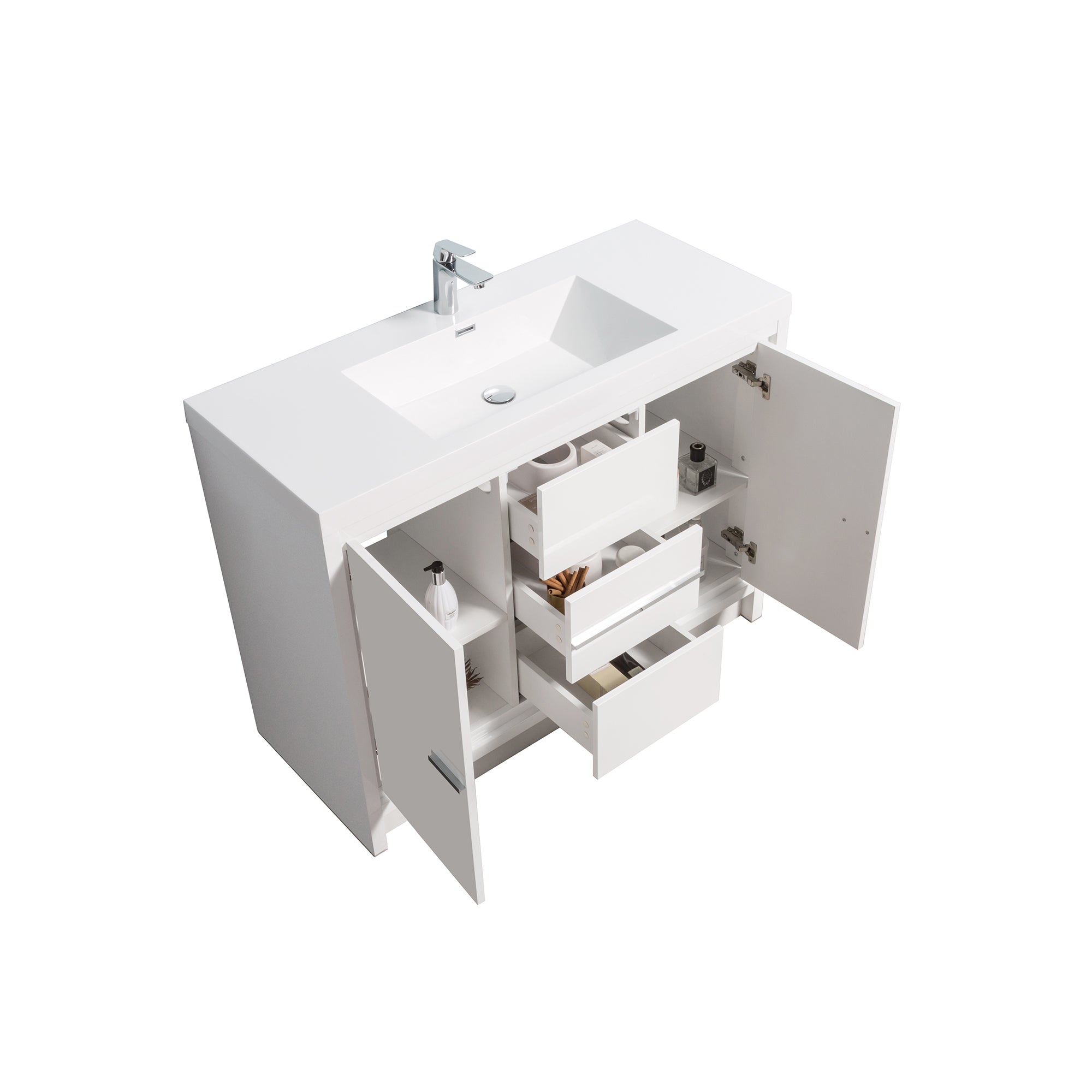 48 in. Freestanding Bathroom Vanity Set in HG-White with Integrated Solid Surface Sink
