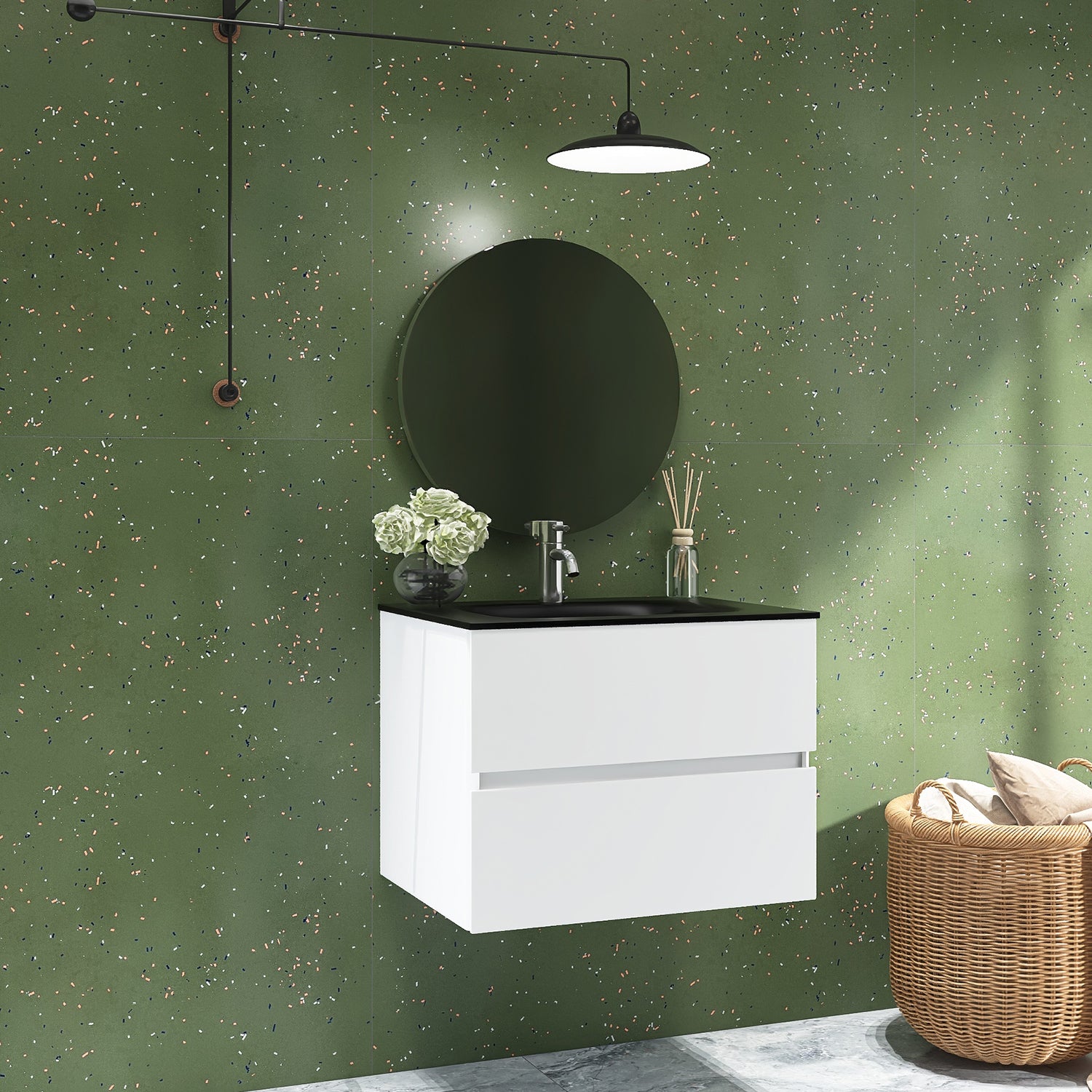 26 in. Wall-Mounted Bathroom Vanity Set in White with Black Quartz Top and Integrated Sink
