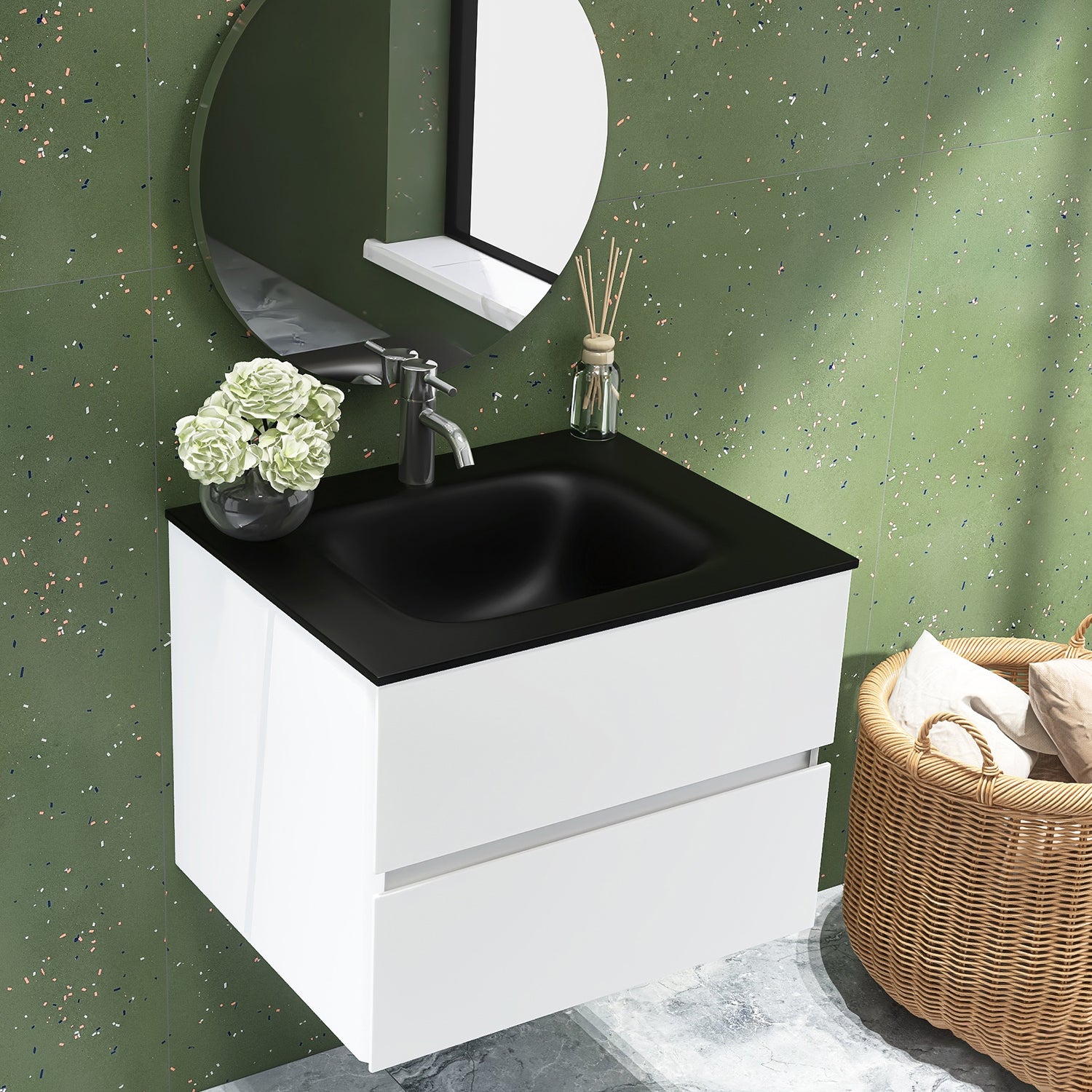 26 in. Wall-Mounted Bathroom Vanity Set in White with Black Quartz Top and Integrated Sink