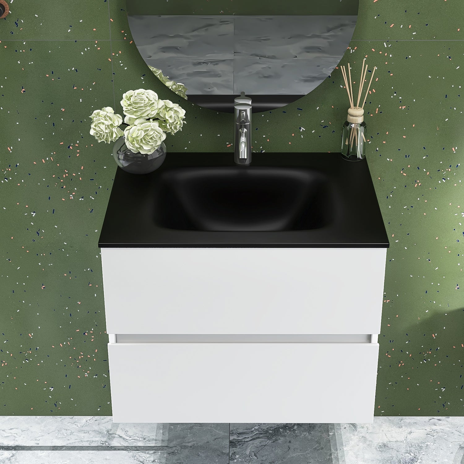 26 in. Wall-Mounted Bathroom Vanity Set in White with Black Quartz Top and Integrated Sink