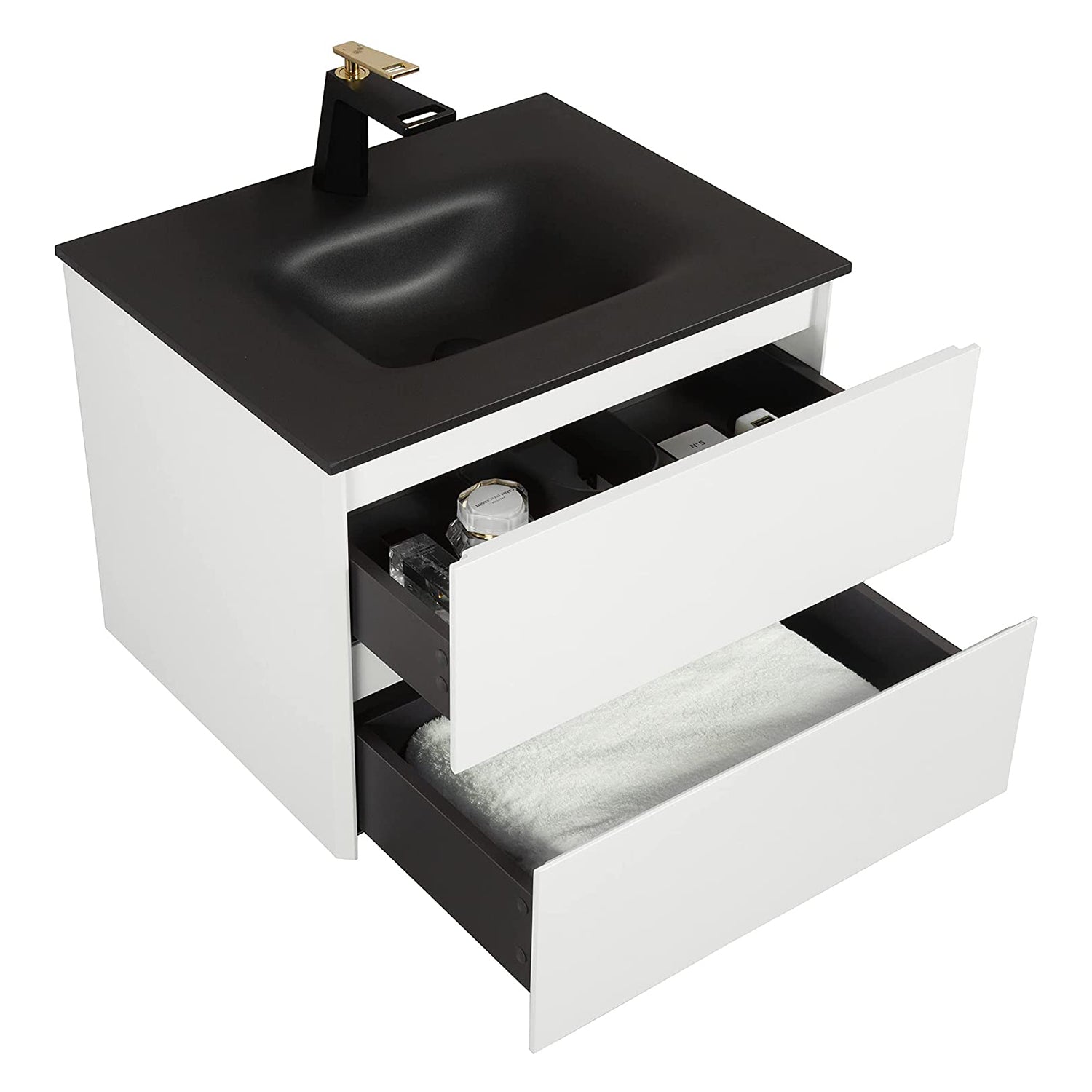 26 in. Wall-Mounted Bathroom Vanity Set in White with Black Quartz Top and Integrated Sink