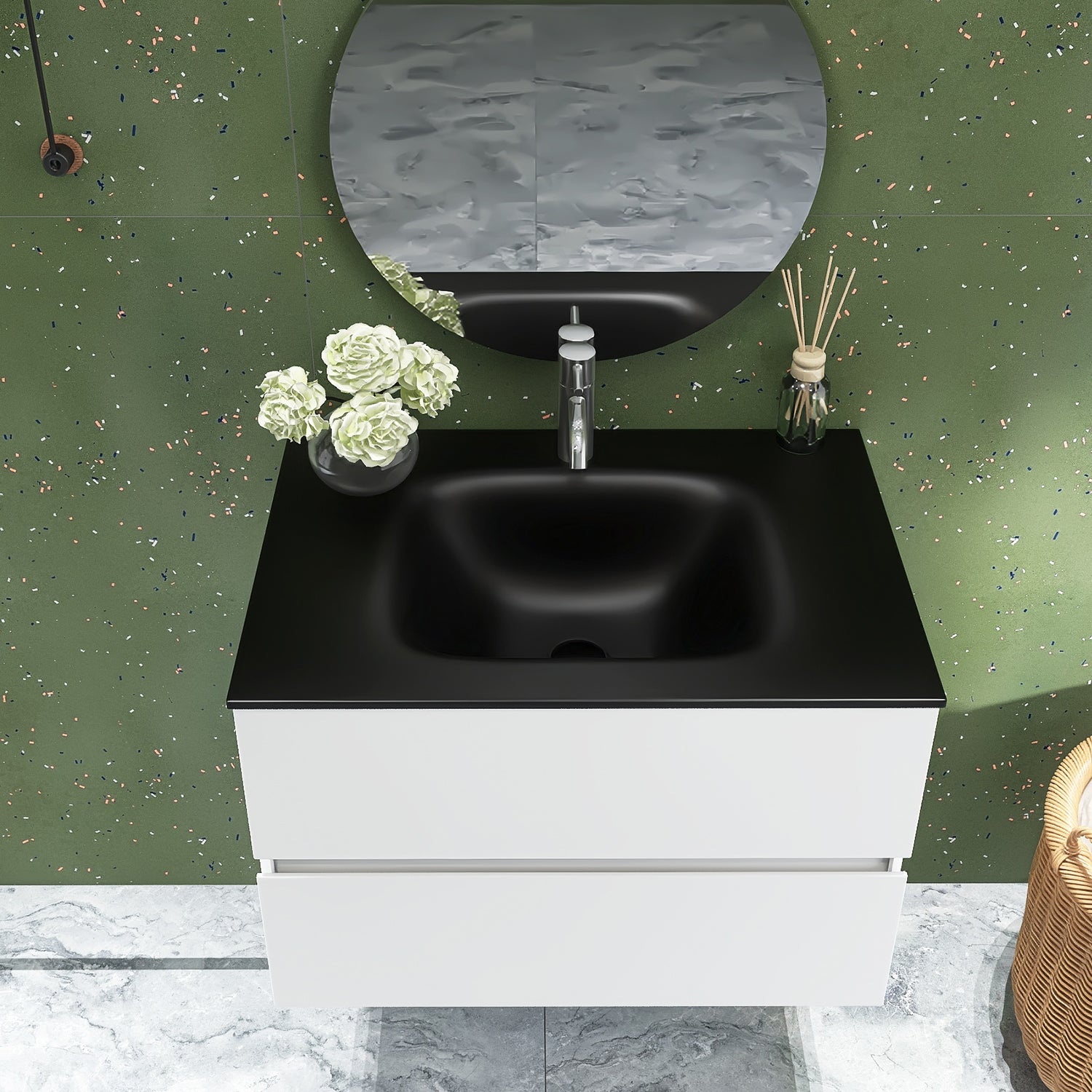30 in. Wall-Mounted Bathroom Vanity Set in White with Black Quartz Top and Integrated Sink
