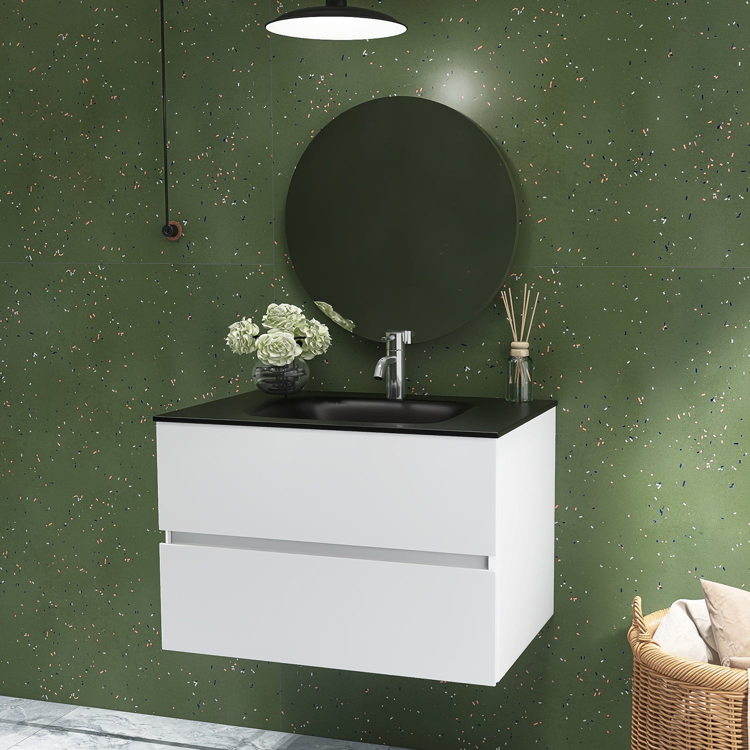 30 in. Wall-Mounted Bathroom Vanity Set in White with Black Quartz Top and Integrated Sink
