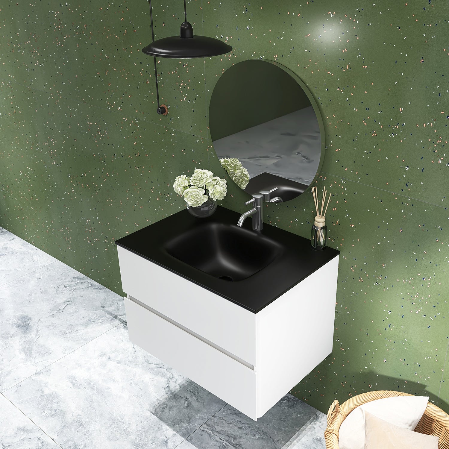30 in. Wall-Mounted Bathroom Vanity Set in White with Black Quartz Top and Integrated Sink