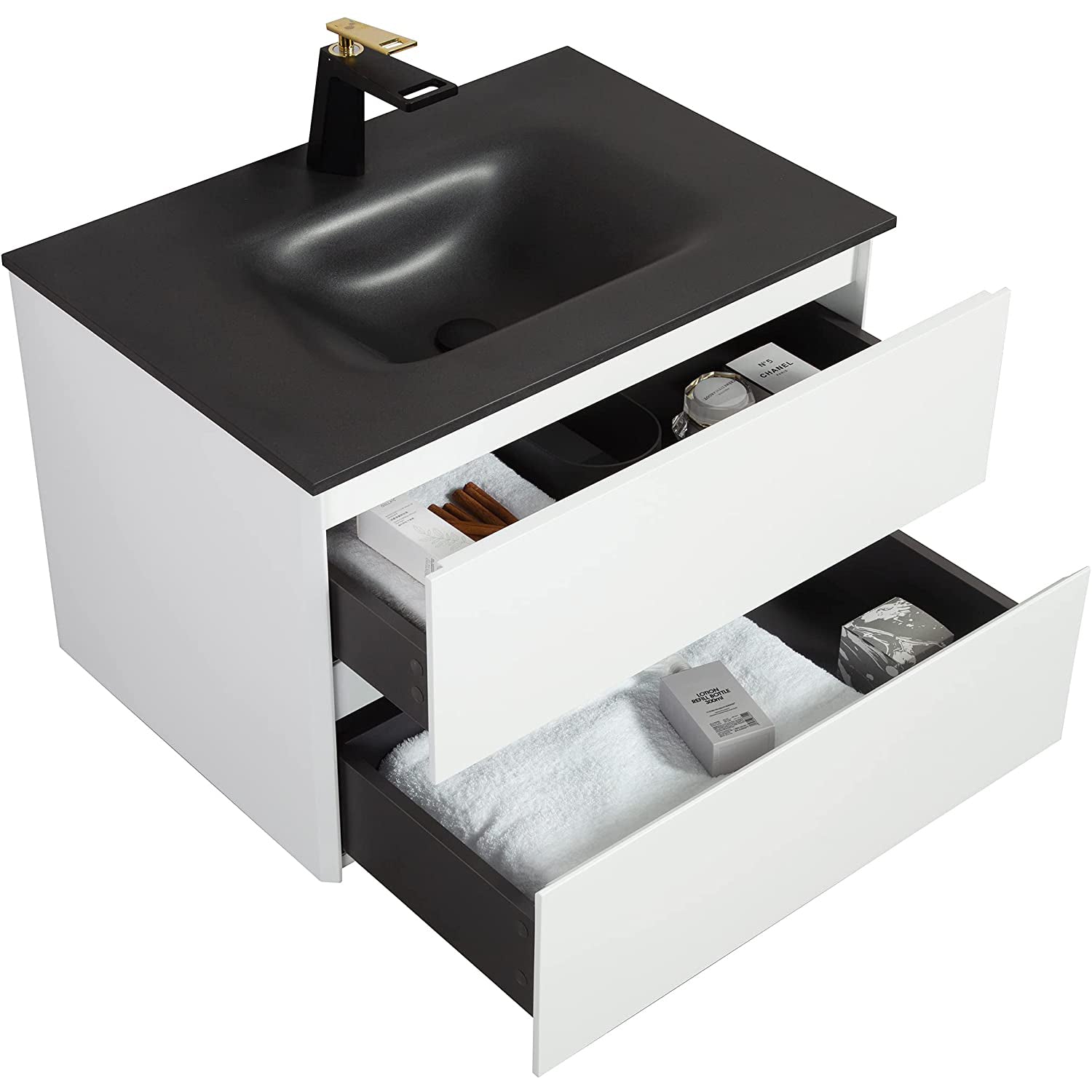 30 in. Wall-Mounted Bathroom Vanity Set in White with Black Quartz Top and Integrated Sink