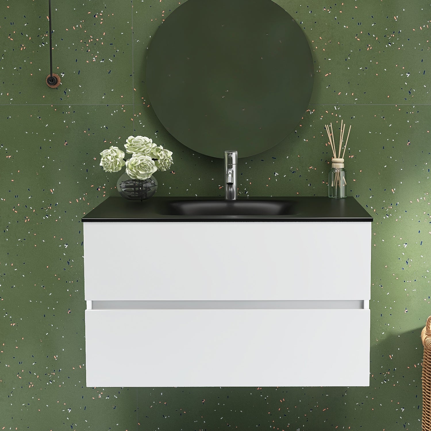 34 in. Wall-Mounted Bathroom Vanity Set in White with Black Quartz Top and Integrated Sink
