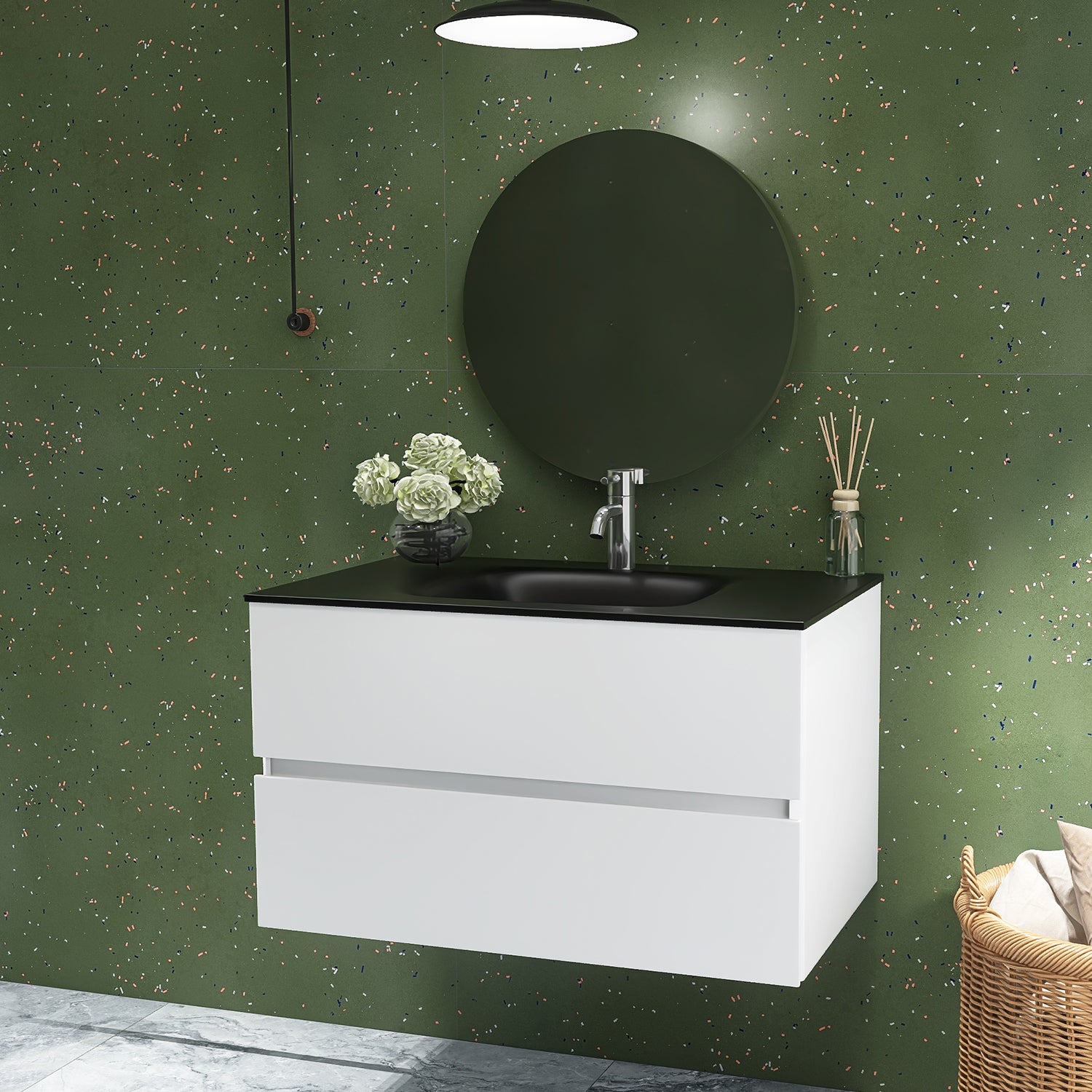 34 in. Wall-Mounted Bathroom Vanity Set in White with Black Quartz Top and Integrated Sink
