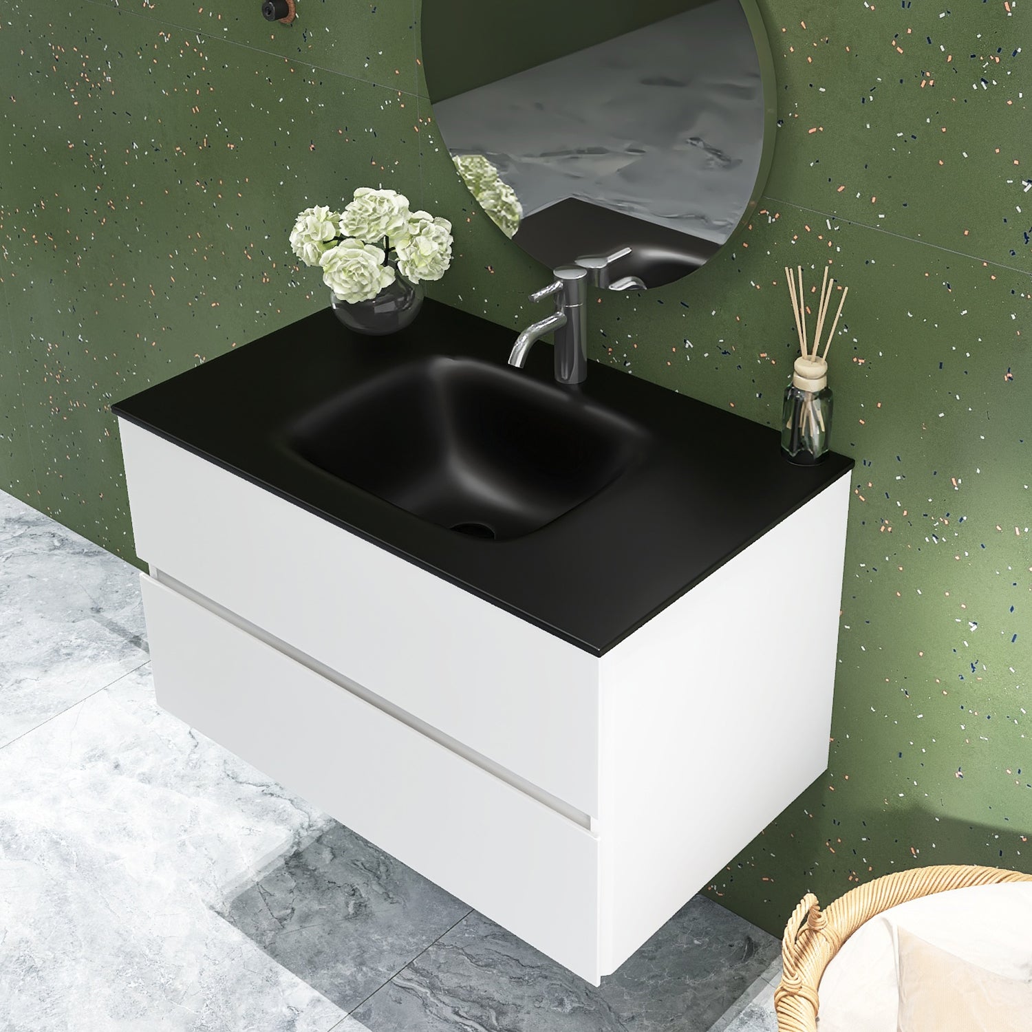 34 in. Wall-Mounted Bathroom Vanity Set in White with Black Quartz Top and Integrated Sink