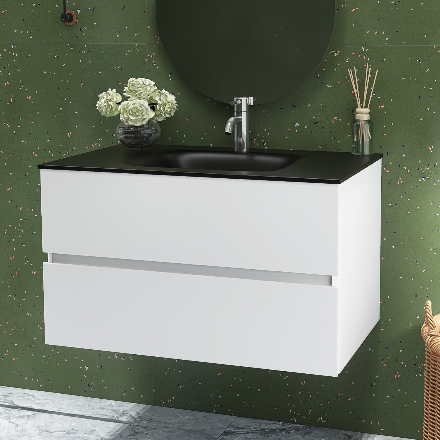 34 in. Wall-Mounted Bathroom Vanity Set in White with Black Quartz Top and Integrated Sink