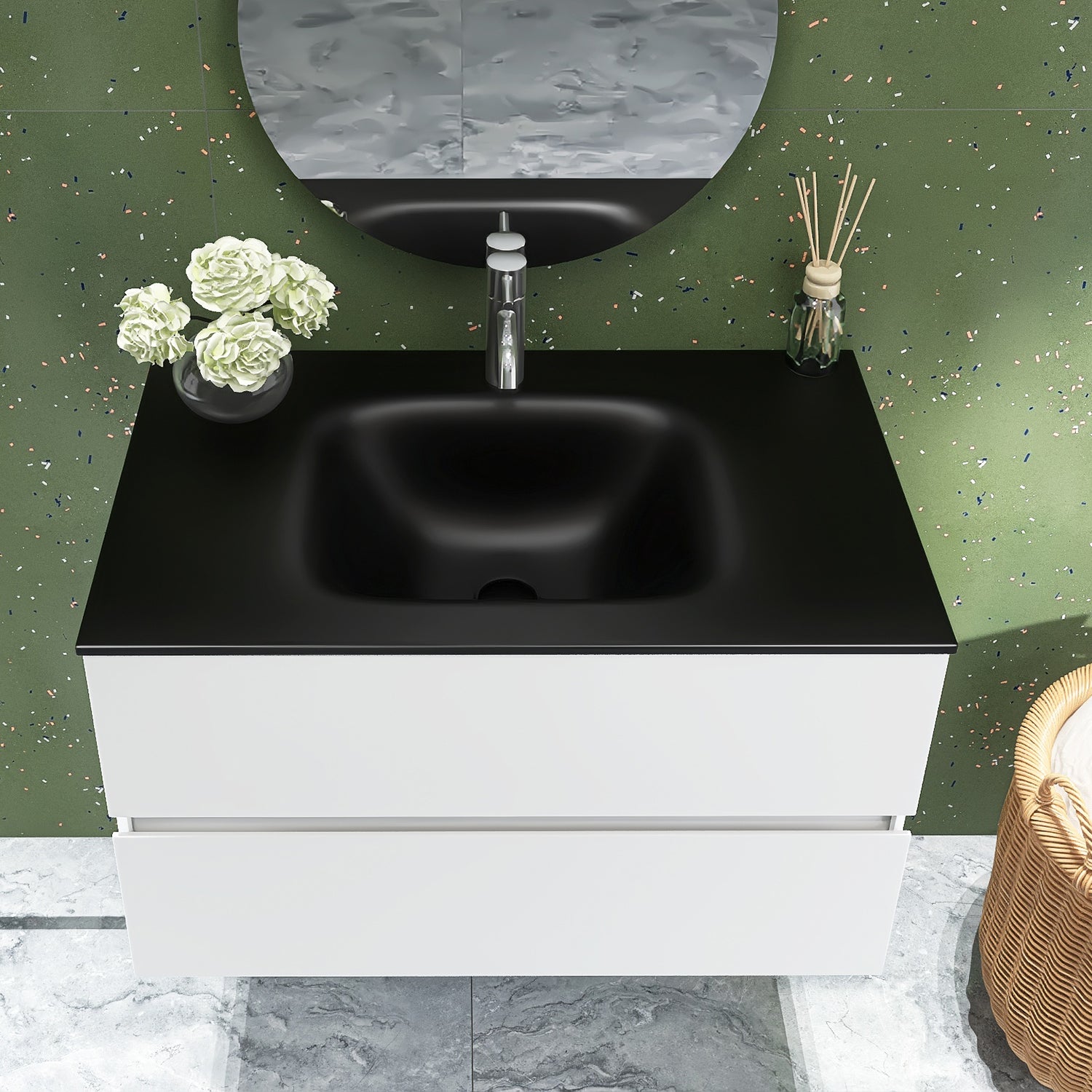 34 in. Wall-Mounted Bathroom Vanity Set in White with Black Quartz Top and Integrated Sink
