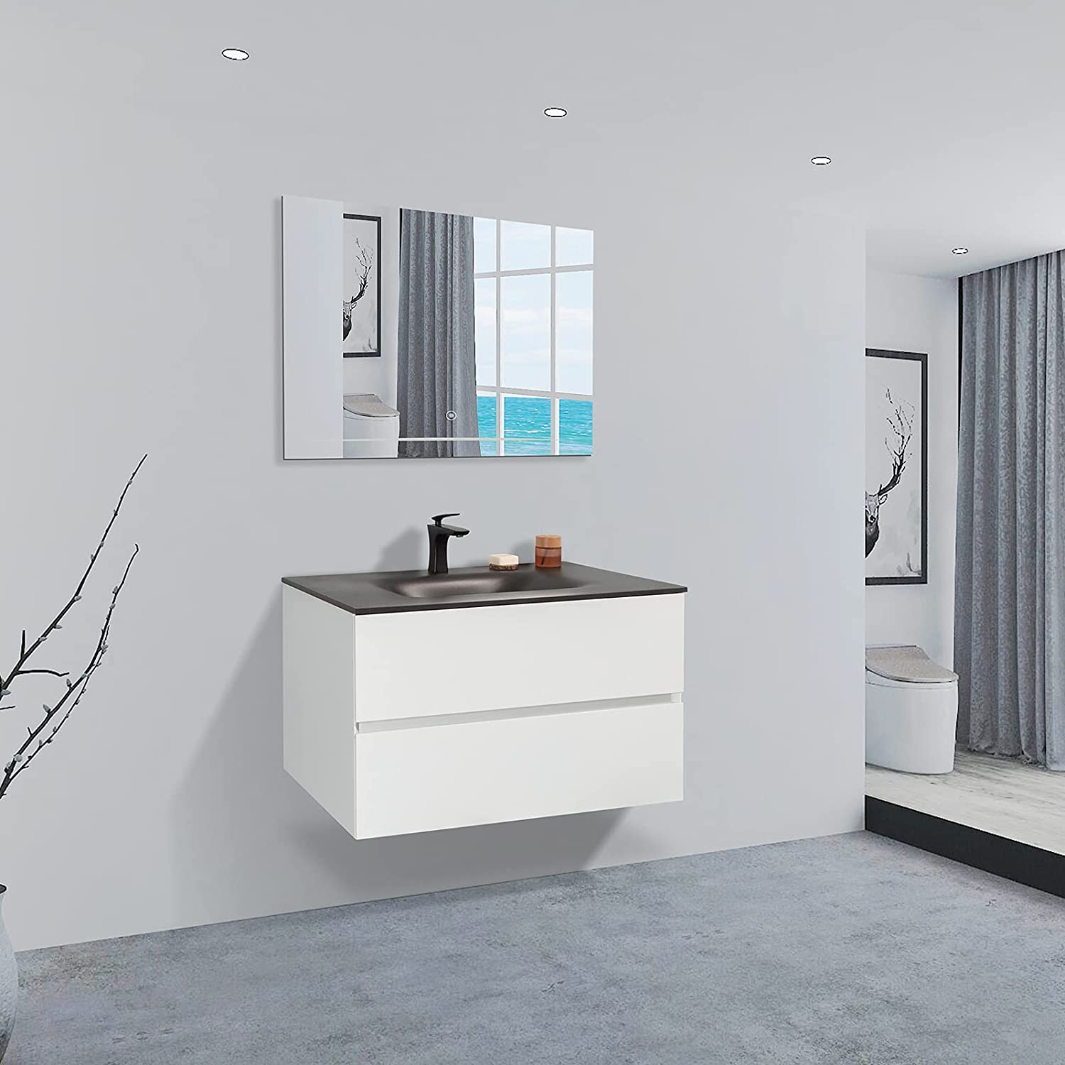 34 in. Wall-Mounted Bathroom Vanity Set in White with Black Quartz Top and Integrated Sink