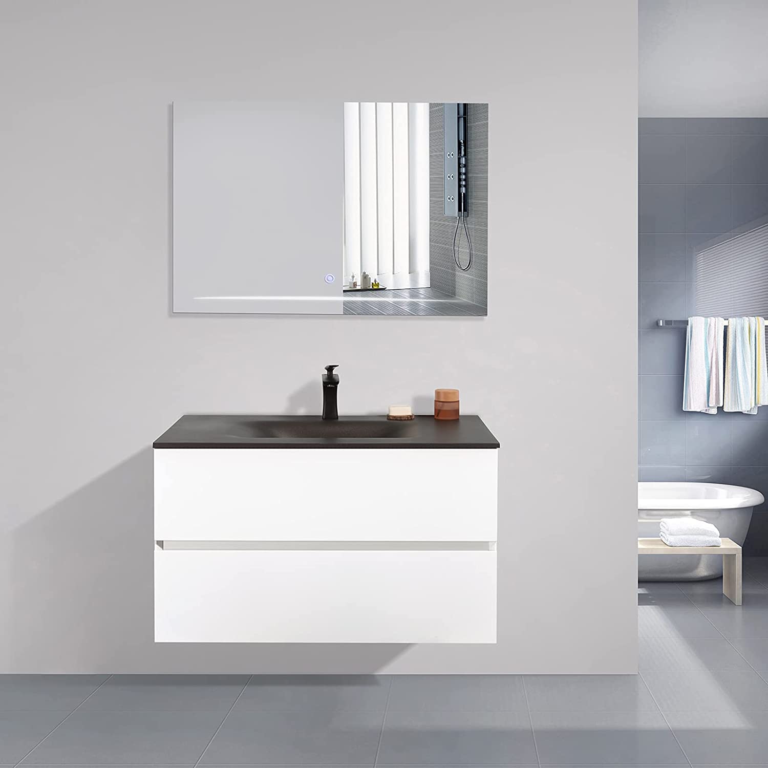 34 in. Wall-Mounted Bathroom Vanity Set in White with Black Quartz Top and Integrated Sink