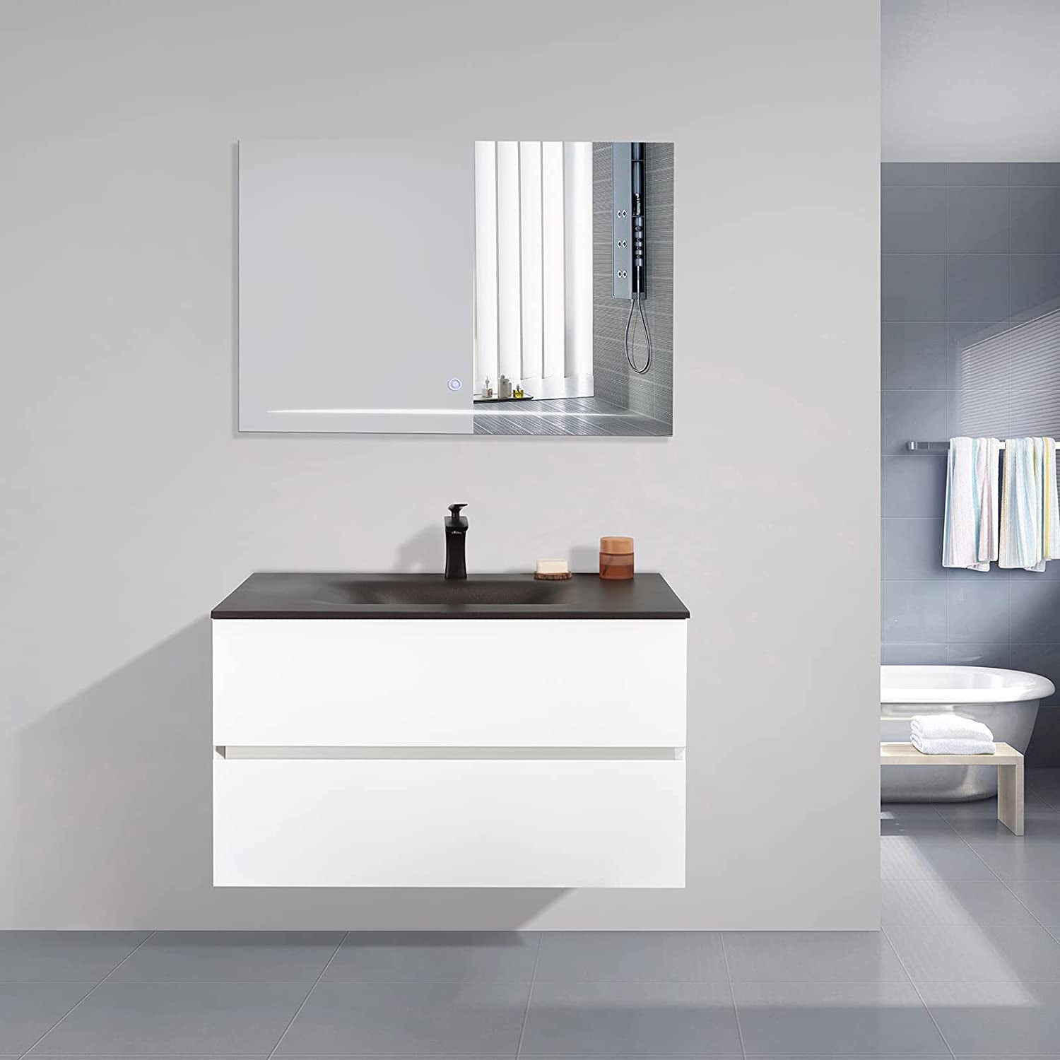 34 in. Wall-Mounted Bathroom Vanity Set in White with Black Quartz Top and Integrated Sink