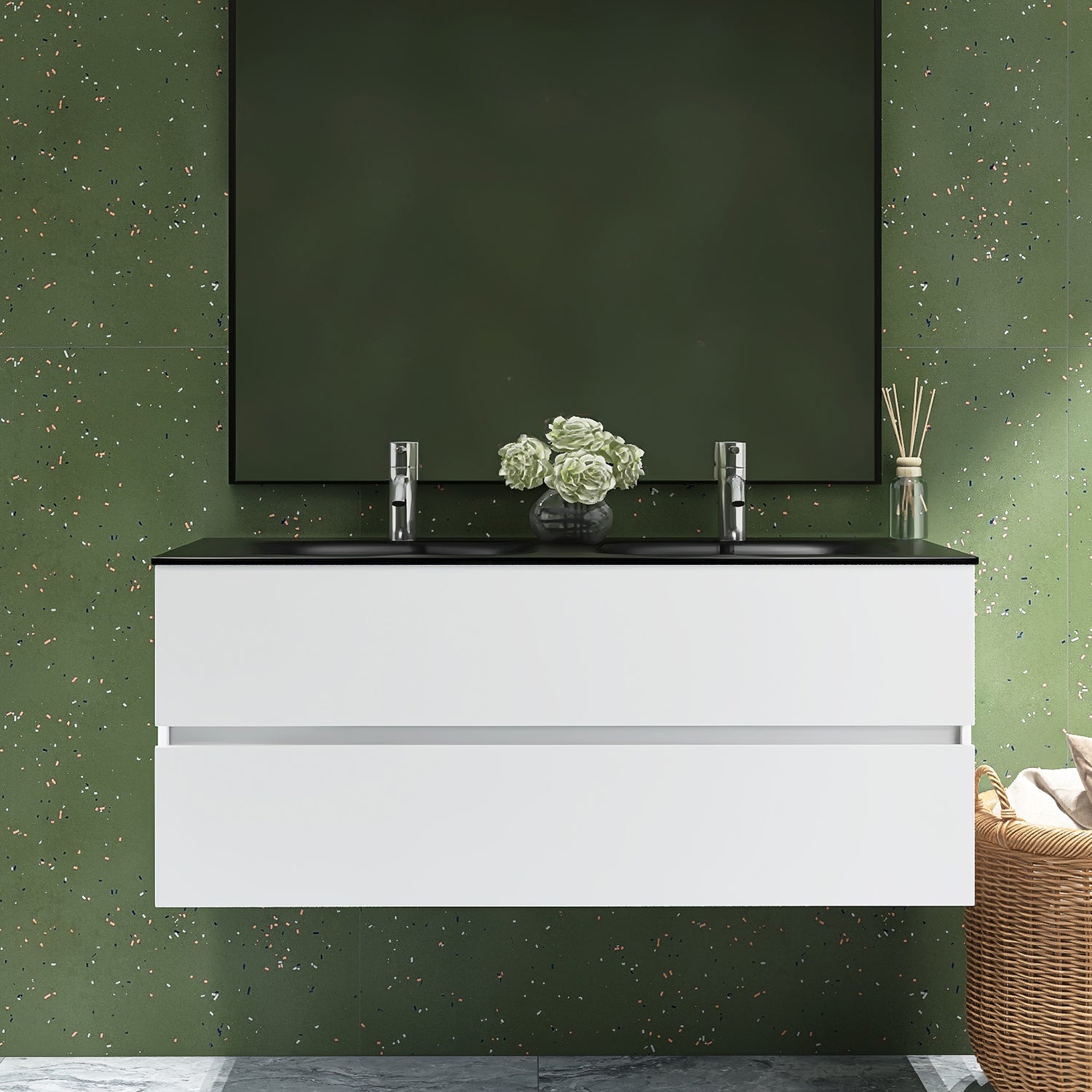 48 in. Wall-Mounted Bathroom Vanity Set in White with Black Quartz Top and Integrated Sink