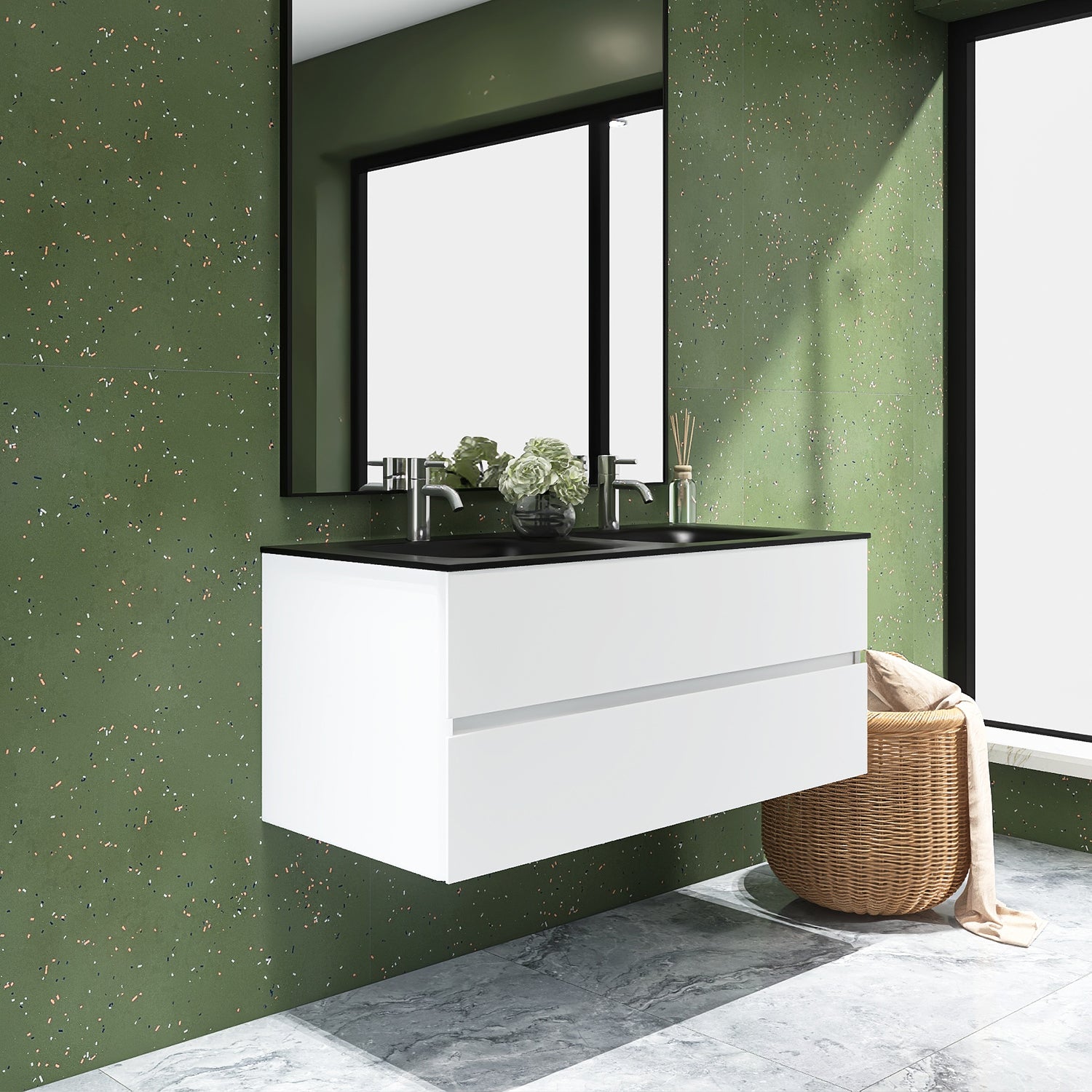 48 in. Wall-Mounted Bathroom Vanity Set in White with Black Quartz Top and Integrated Sink
