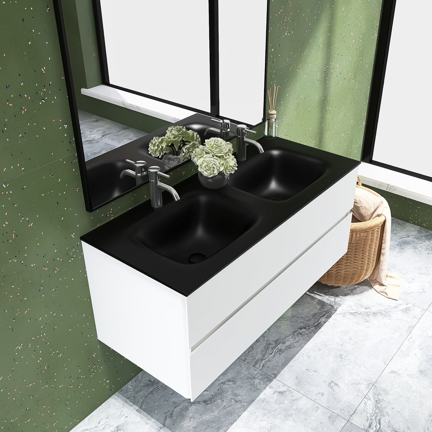 48 in. Wall-Mounted Bathroom Vanity Set in White with Black Quartz Top and Integrated Sink