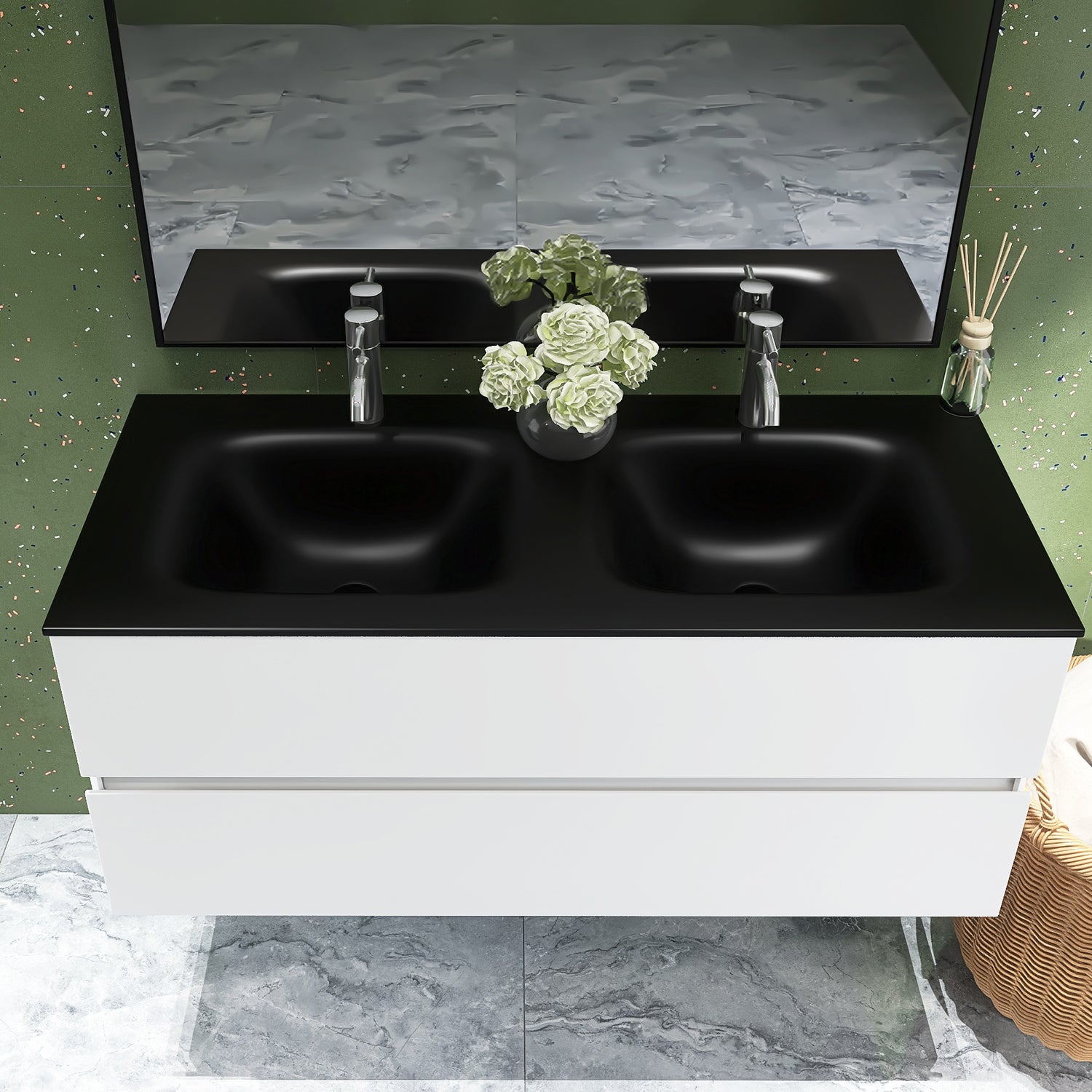 48 in. Wall-Mounted Bathroom Vanity Set in White with Black Quartz Top and Integrated Sink