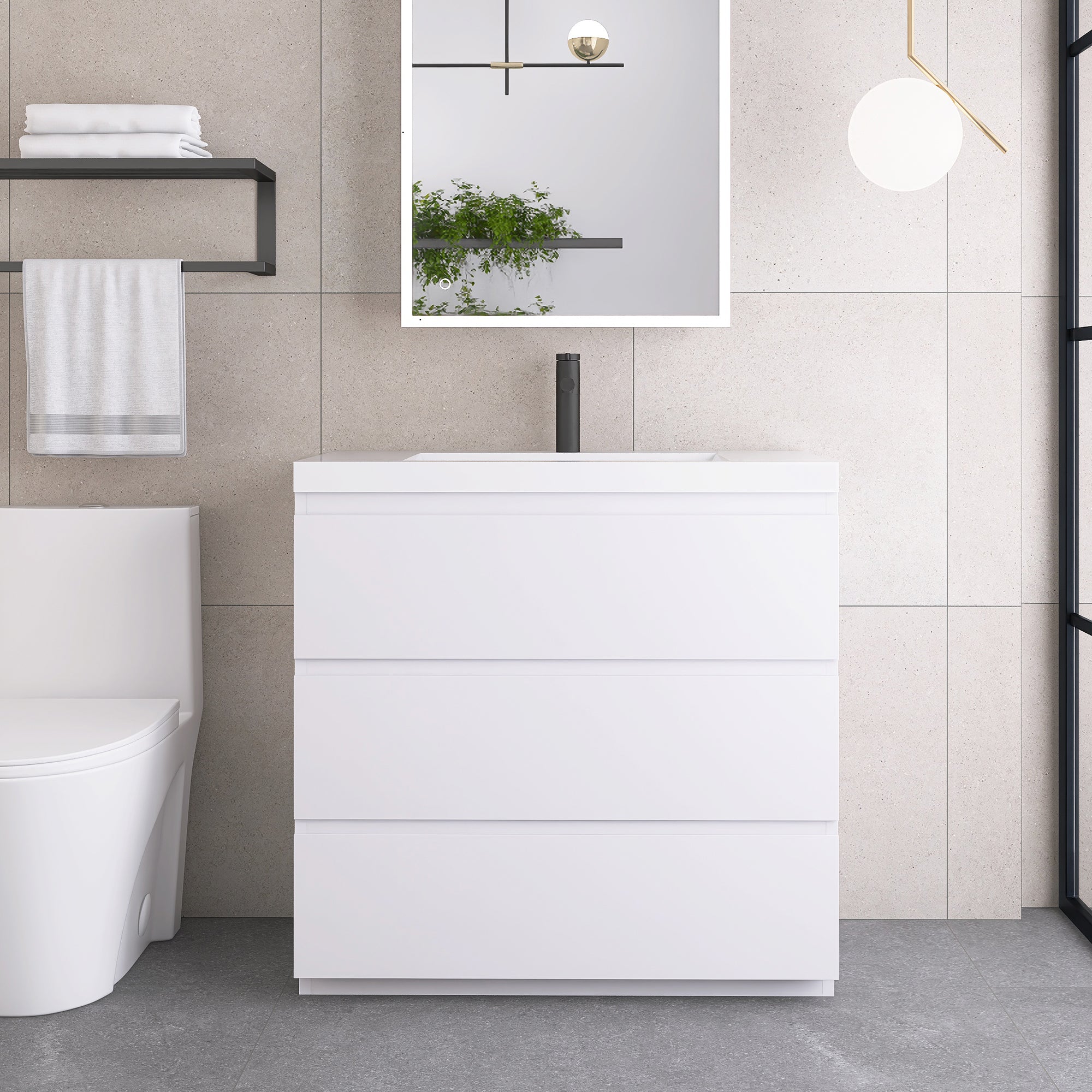 36 in. Freestanding Bath Vanity in Glossy White with White Cultured Marble Top
