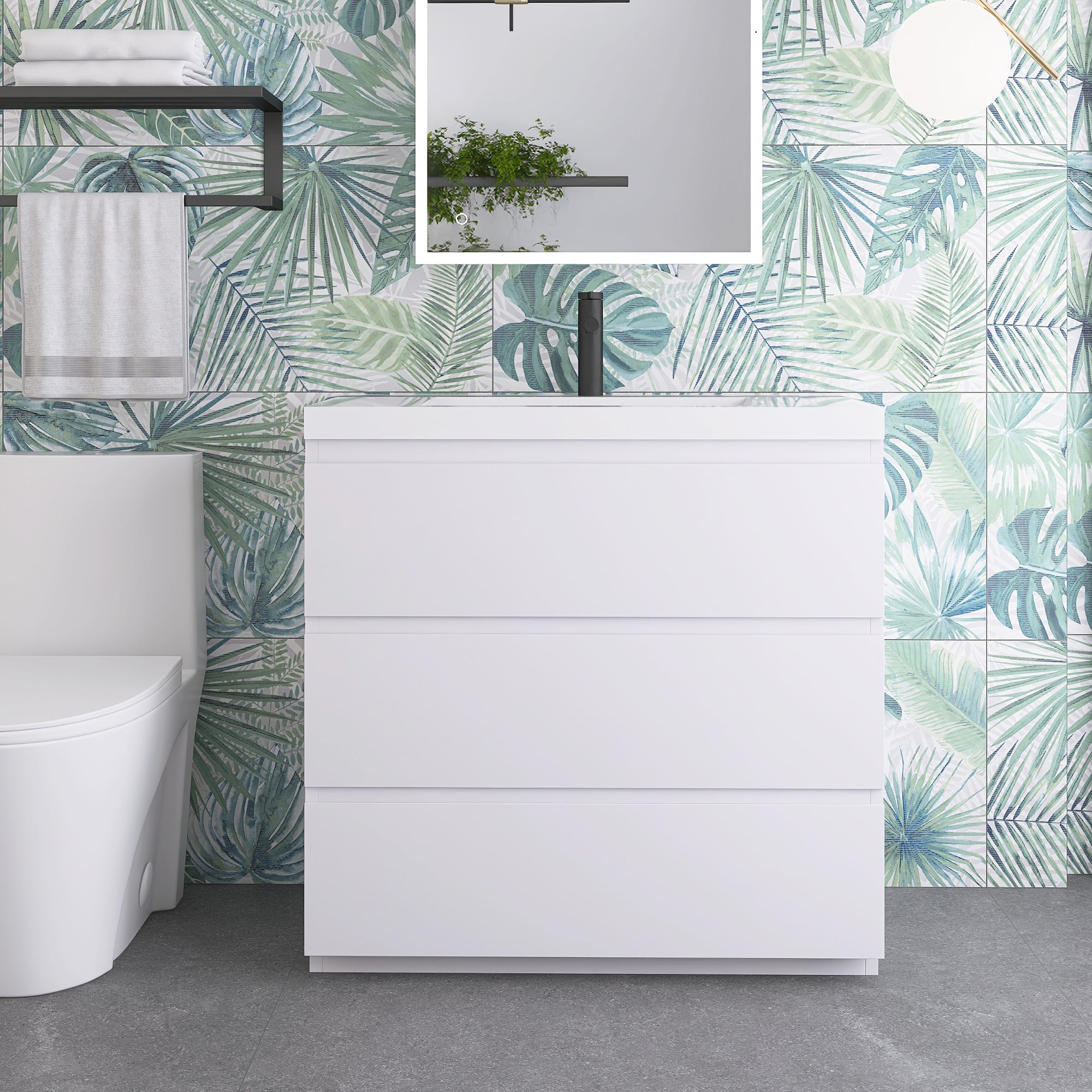 36 in. Freestanding Bath Vanity in Glossy White with White Cultured Marble Top