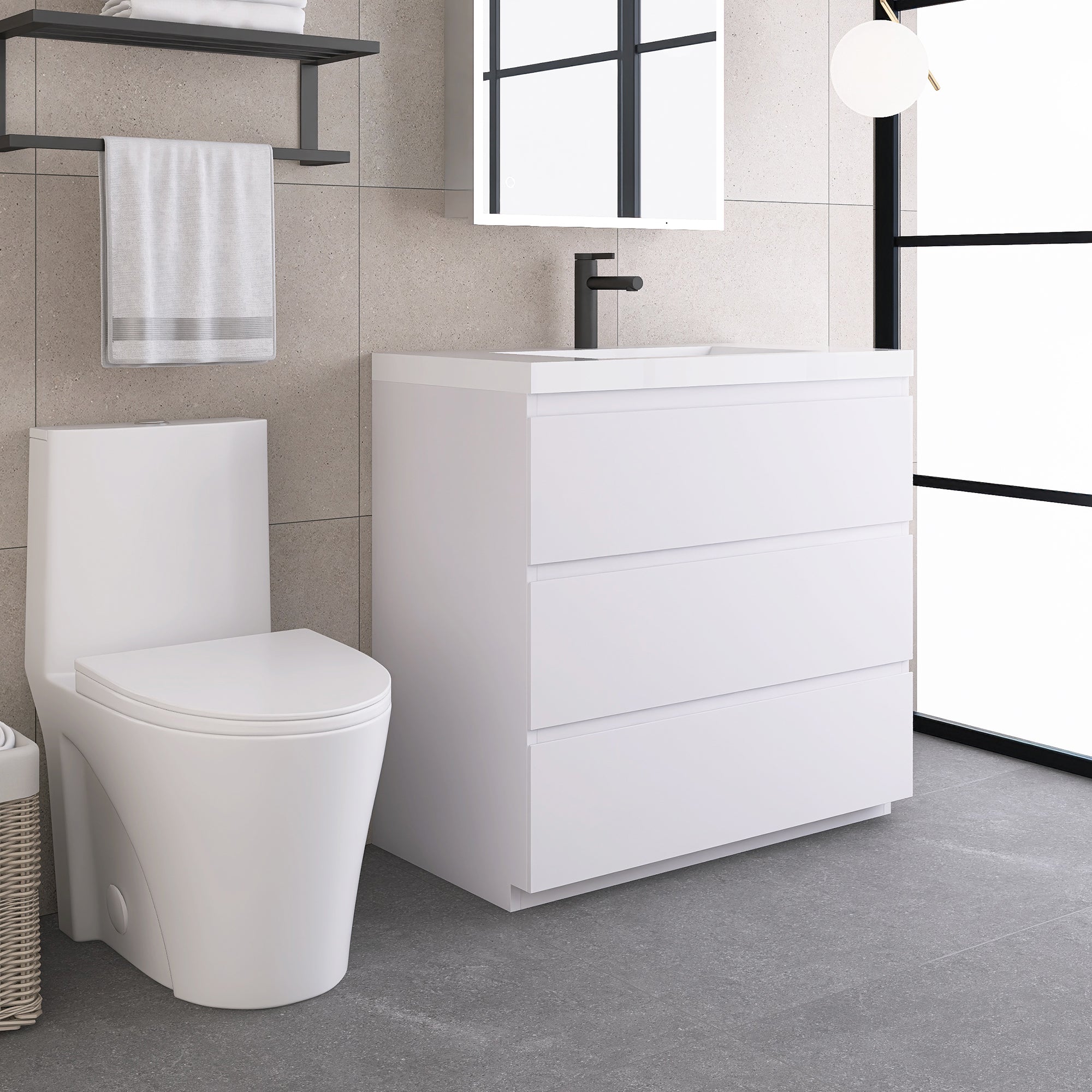 36 in. Freestanding Bath Vanity in Glossy White with White Cultured Marble Top