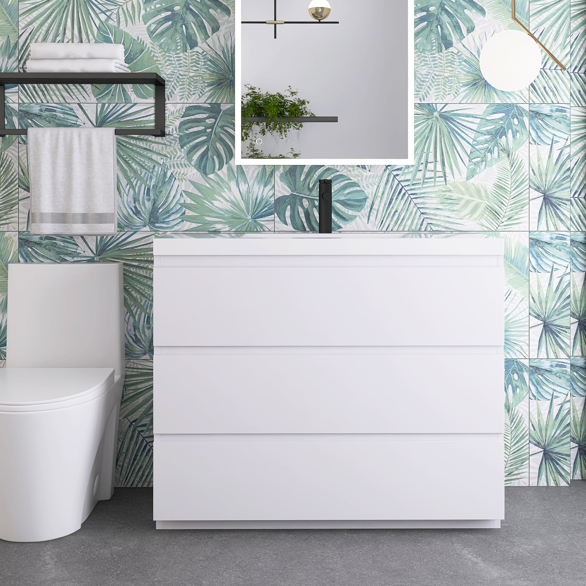 42 in. Freestanding Bath Vanity in Glossy White with White Cultured Marble Top