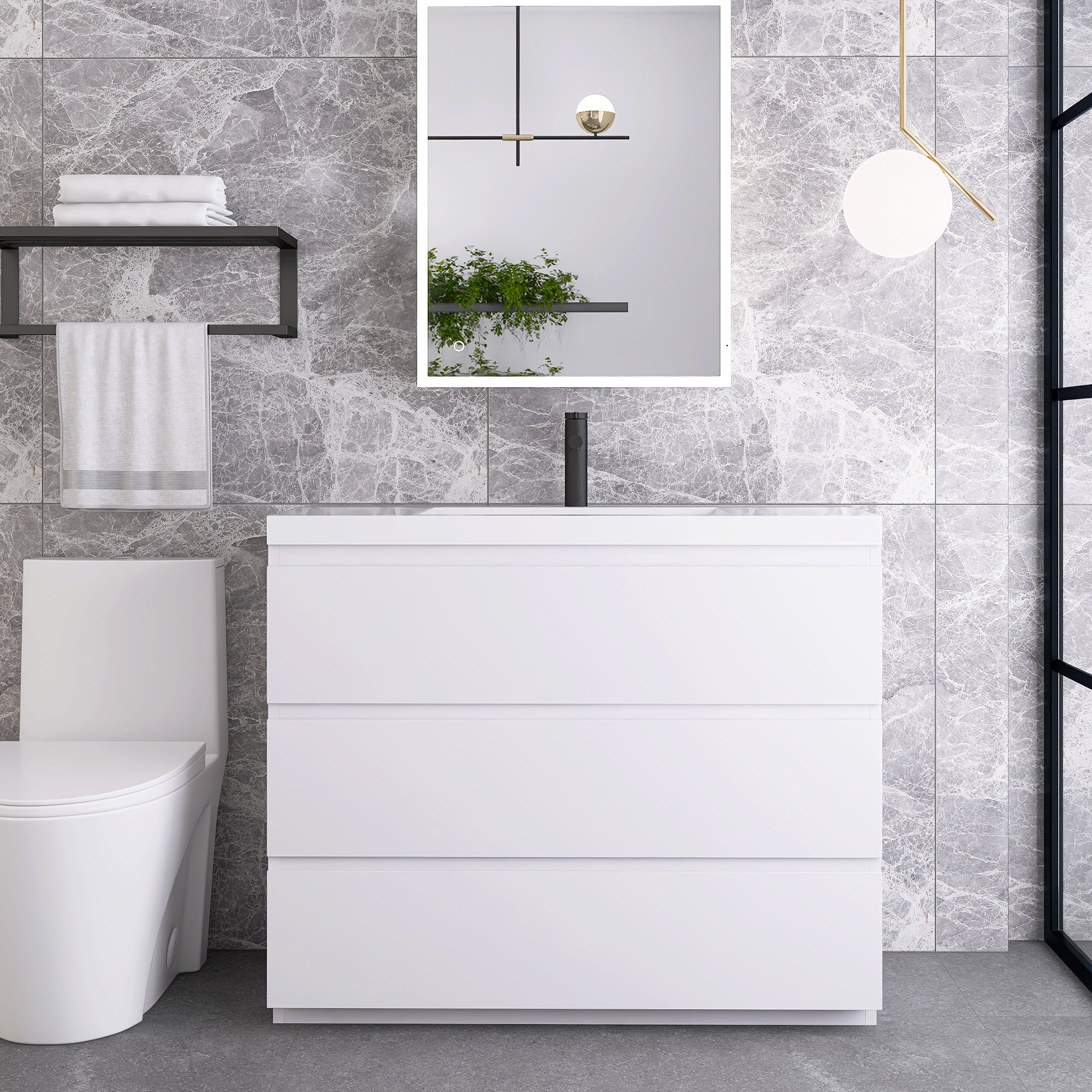 42 in. Freestanding Bath Vanity in Glossy White with White Cultured Marble Top