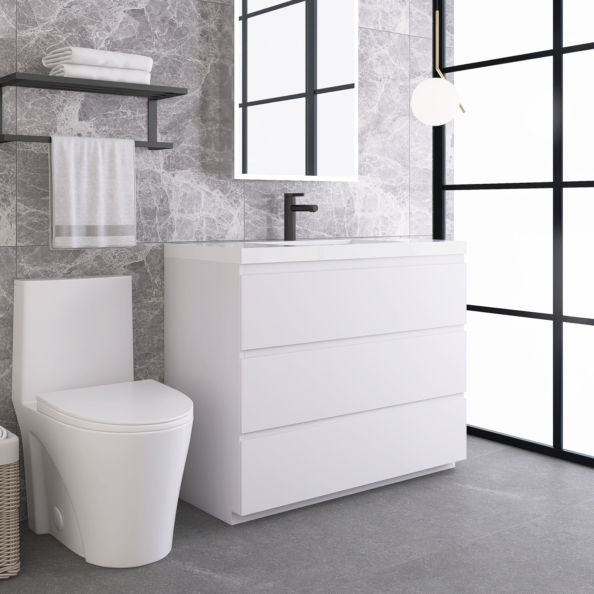 42 in. Freestanding Bath Vanity in Glossy White with White Cultured Marble Top