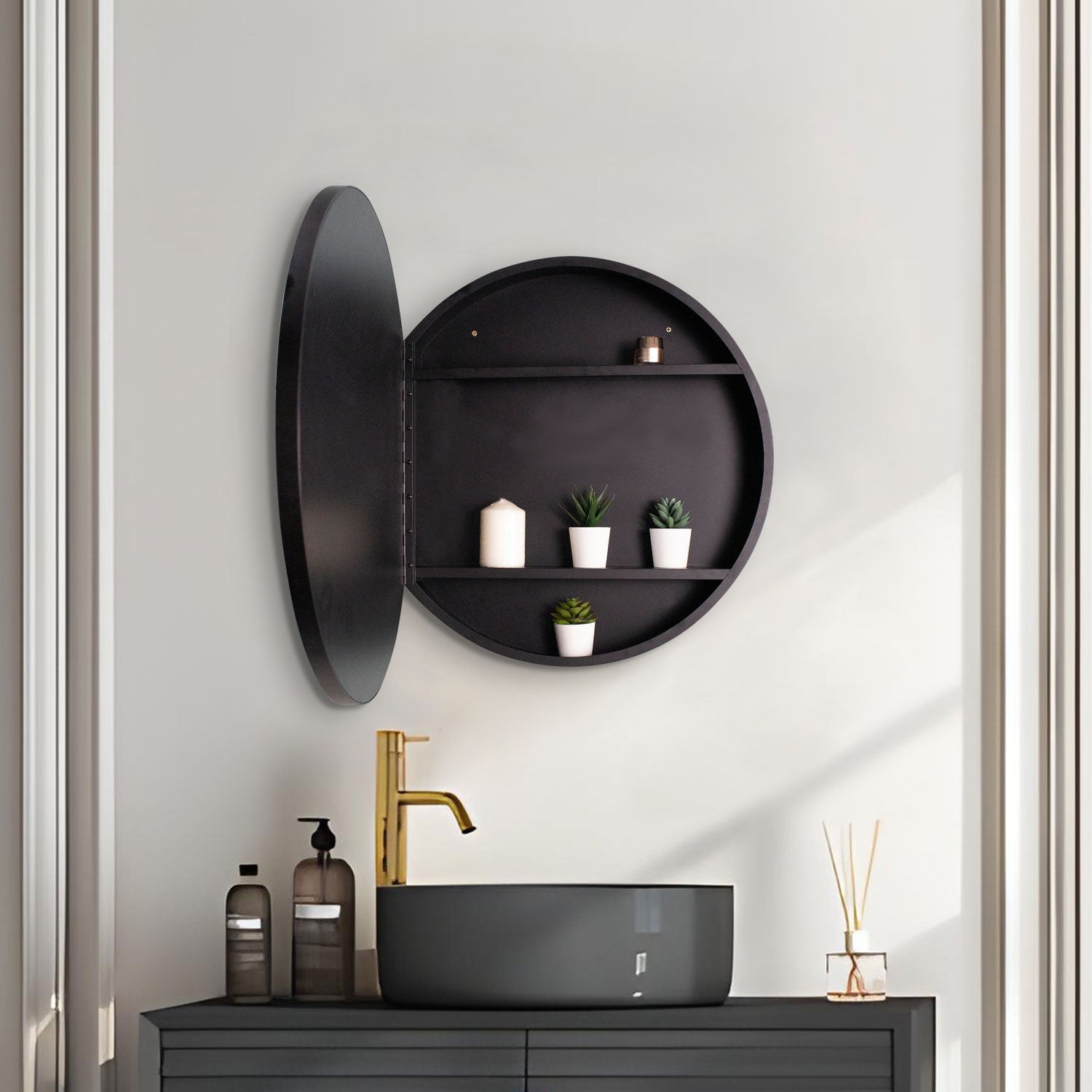 2424 Round Surface Mount Medicine Cabinet with Mirror and Shelves