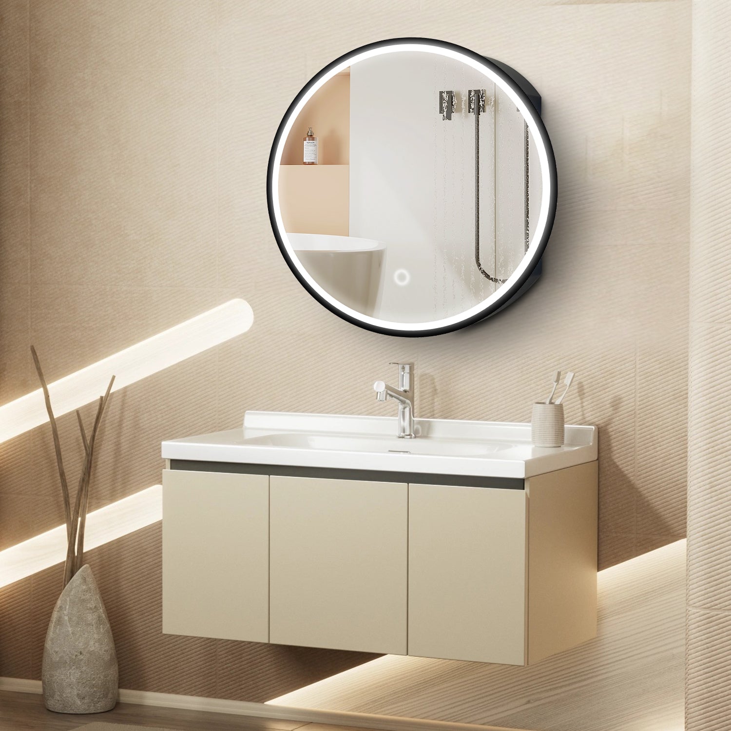 24 in.  Round Aluminum Surface Mounted LED Medicine Cabinet with Doors and Shelves