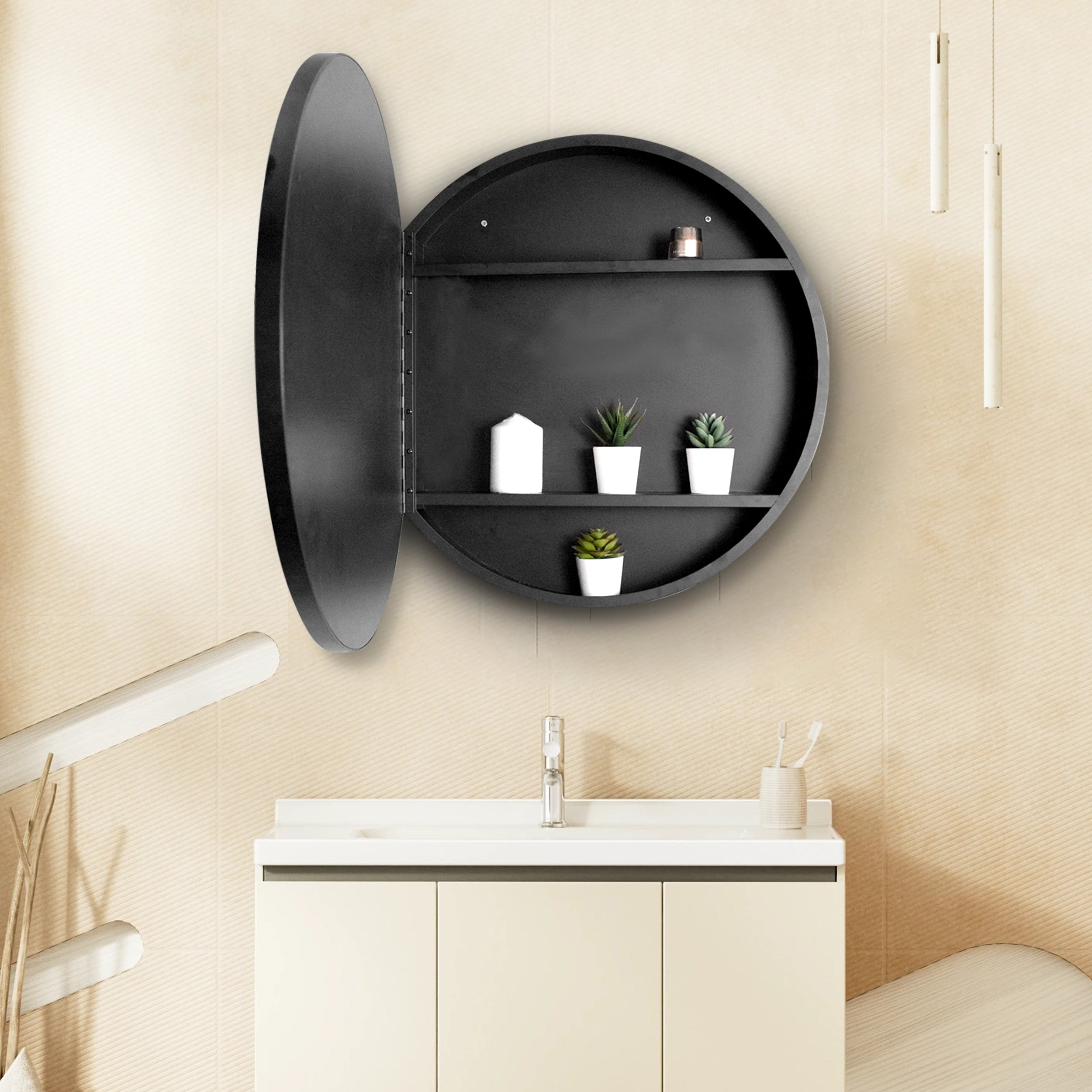 24 in.  Round Aluminum Surface Mounted LED Medicine Cabinet with Doors and Shelves