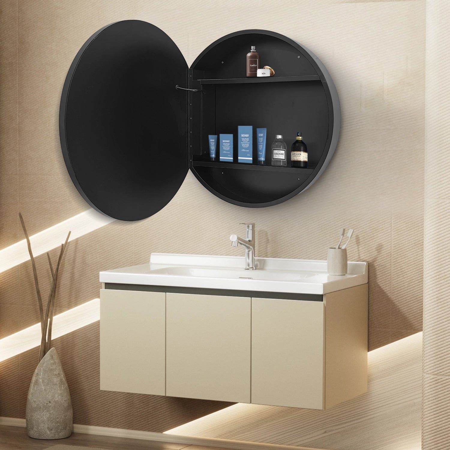 24 in.  Round Aluminum Surface Mounted LED Medicine Cabinet with Doors and Shelves