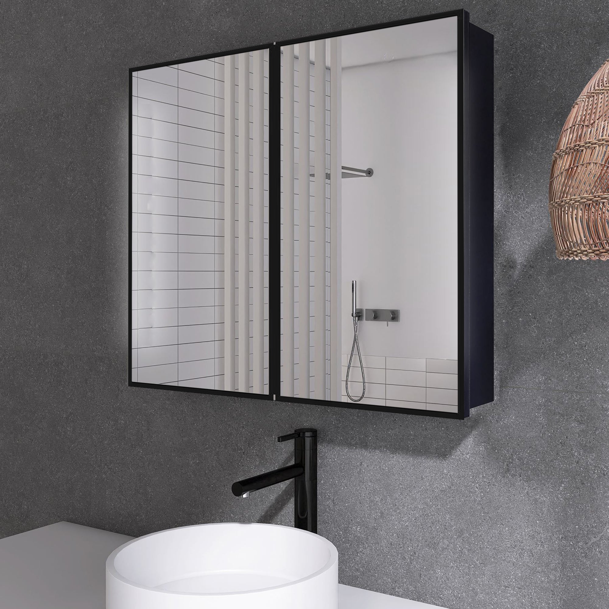 30 in. W x 26 in. H Black Framed Wall Mounted or Recessed Bathroom Medicine Cabinet with Mirror