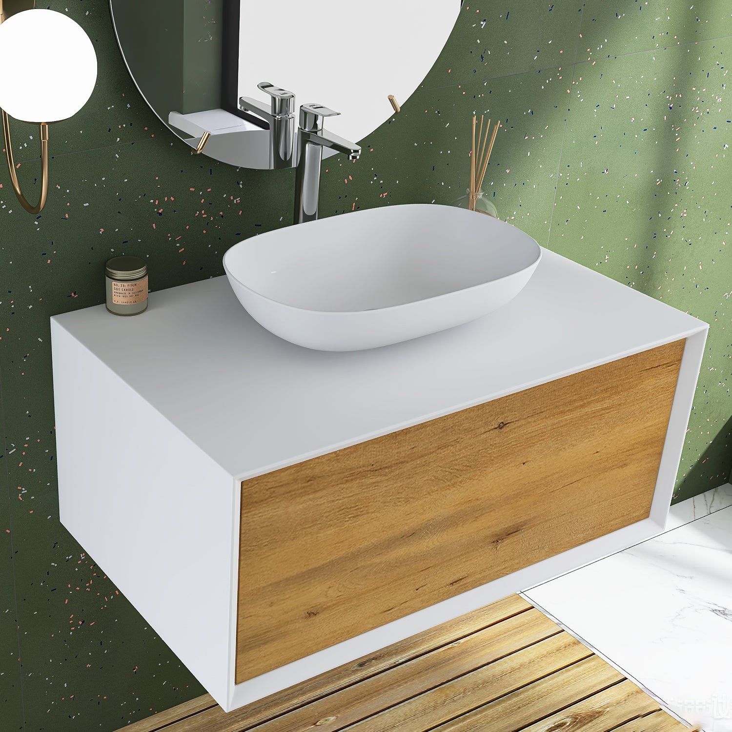 36 in. Wall Mounted Bathroom Vanity Set with White Solid Surface Top and Vessel Sink