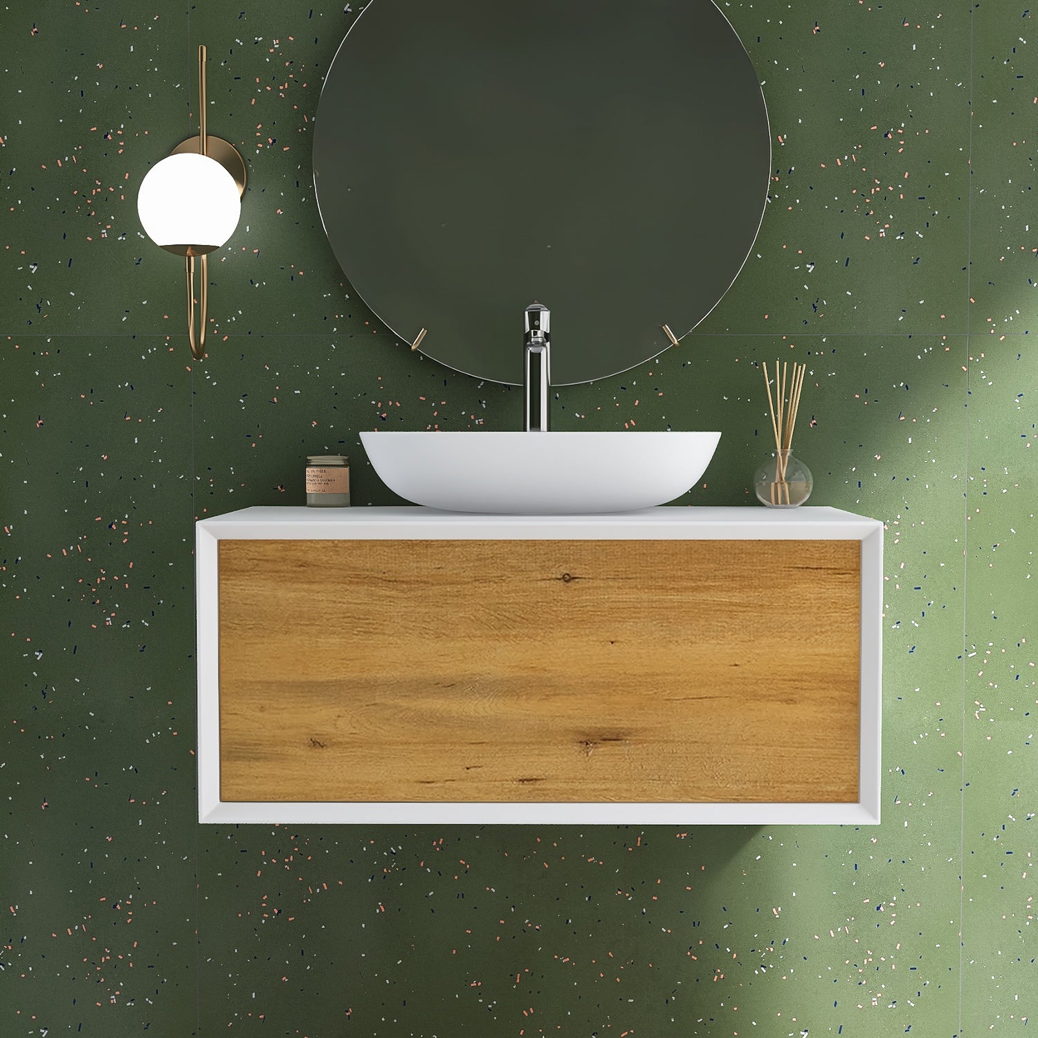 36 in. Wall Mounted Bathroom Vanity Set with White Solid Surface Top and Vessel Sink