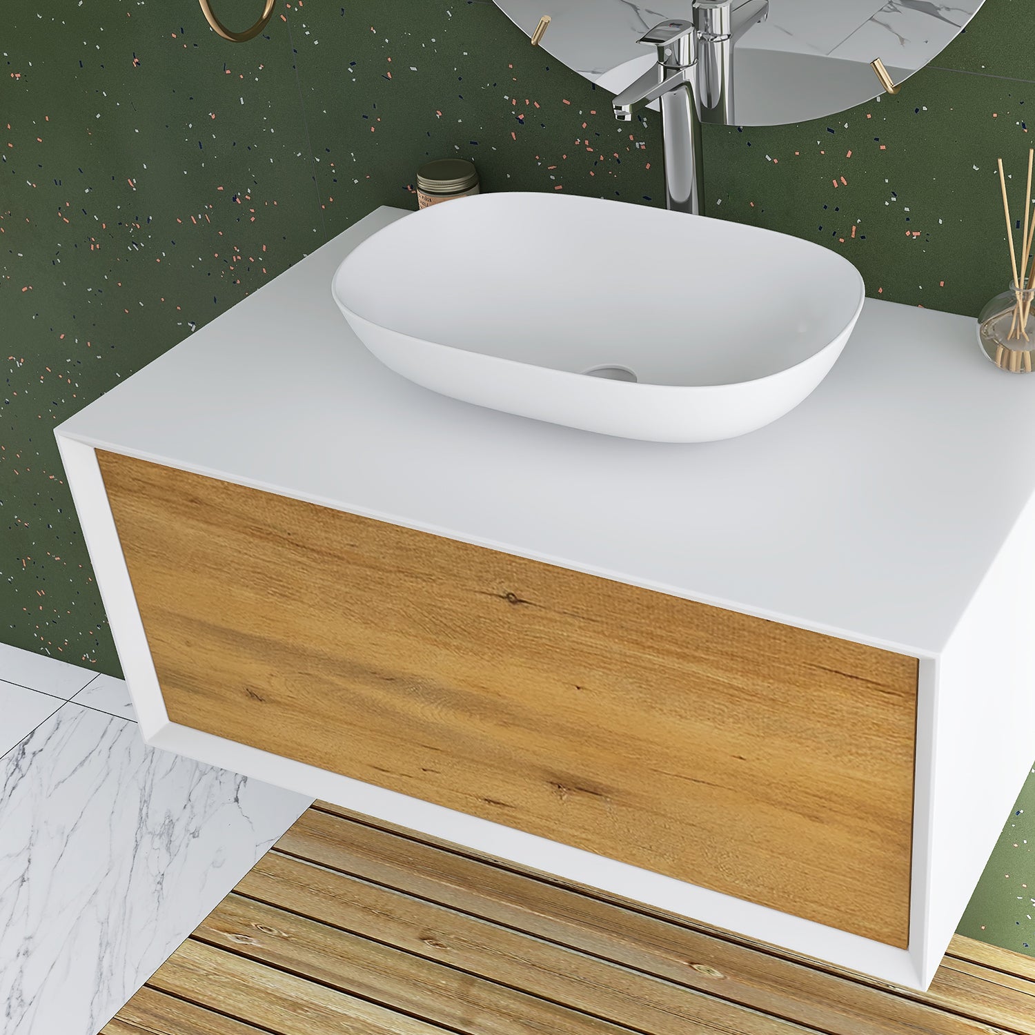 36 in. Wall Mounted Bathroom Vanity Set with White Solid Surface Top and Vessel Sink