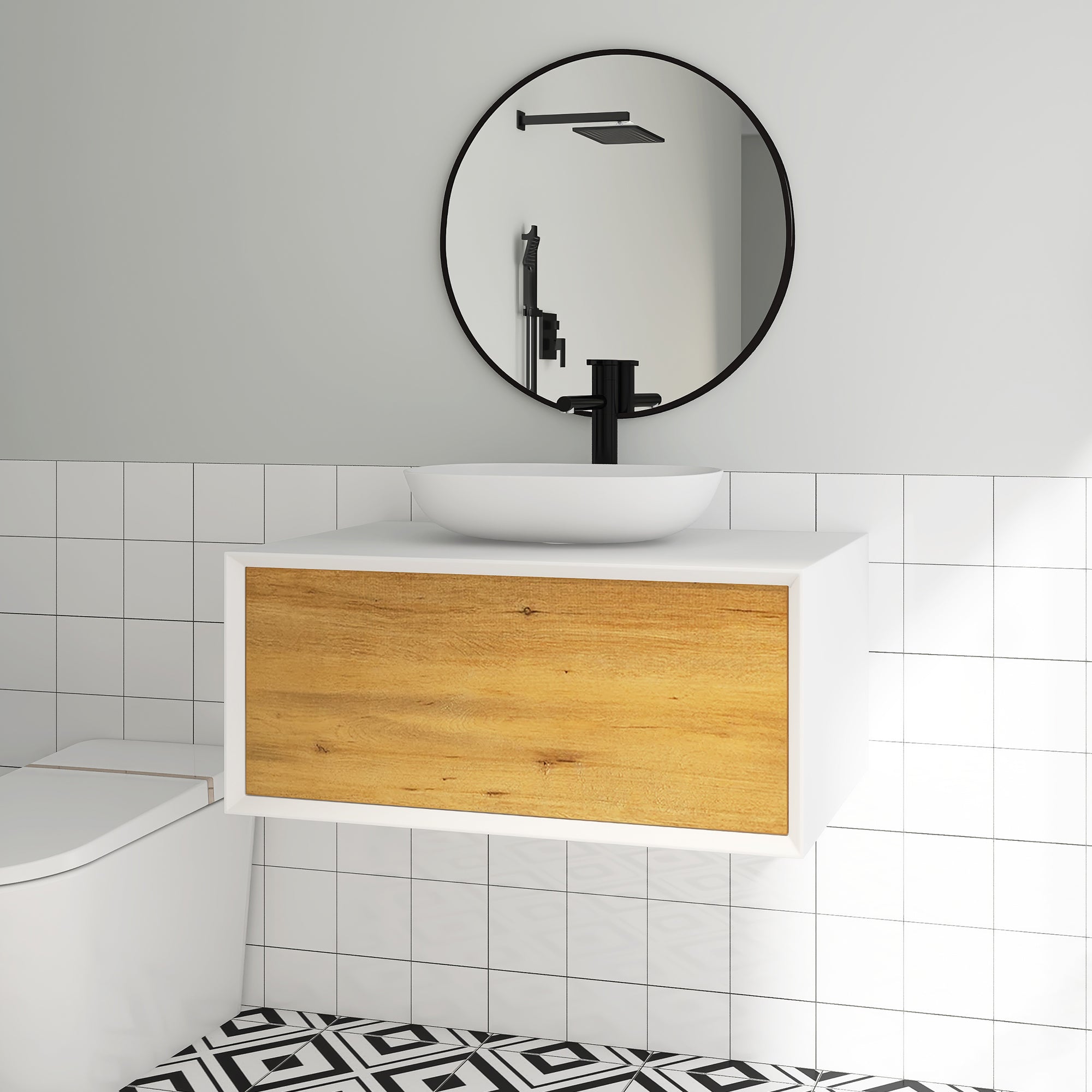 36 in. Wall Mounted Bathroom Vanity Set with White Solid Surface Top and Vessel Sink