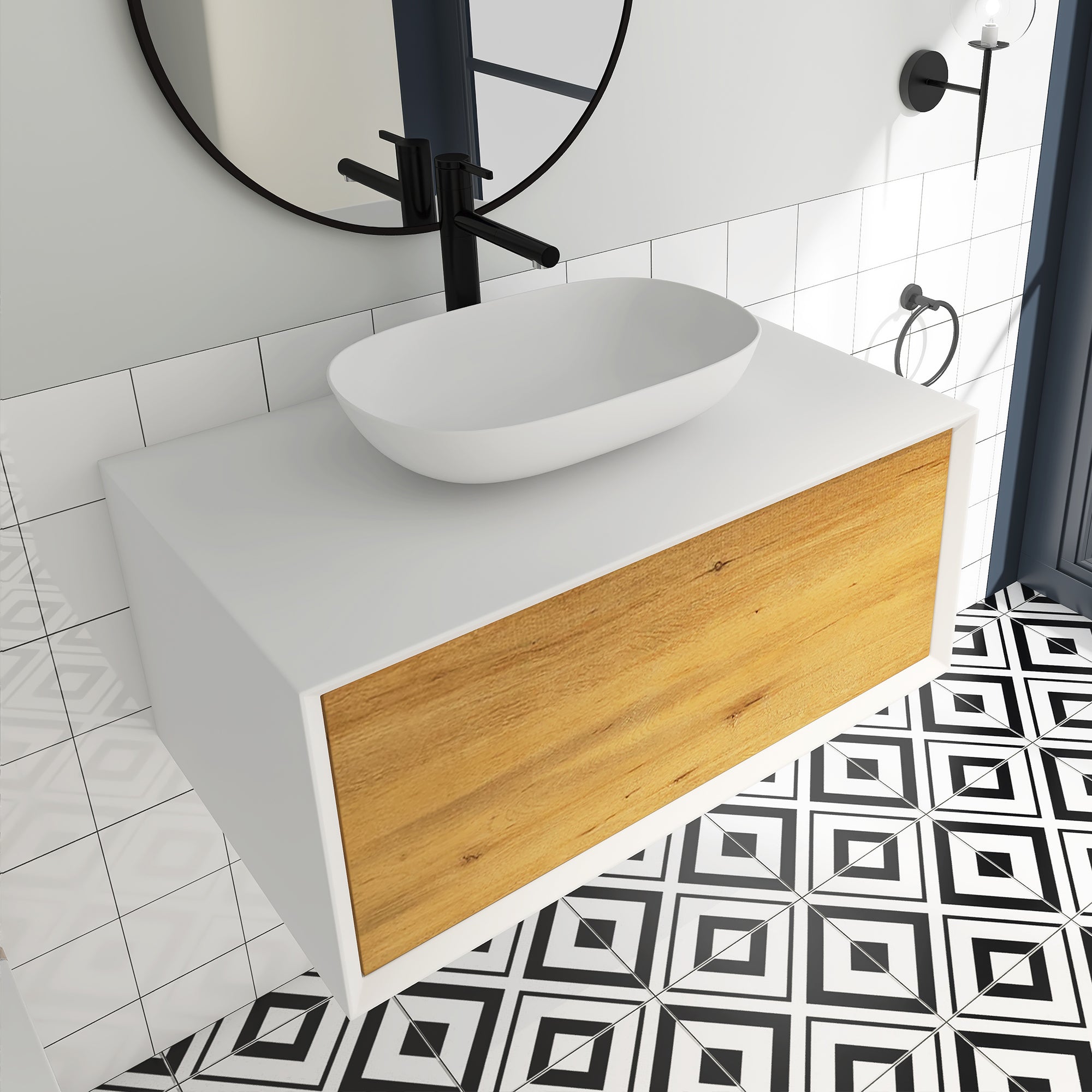 36 in. Wall Mounted Bathroom Vanity Set with White Solid Surface Top and Vessel Sink