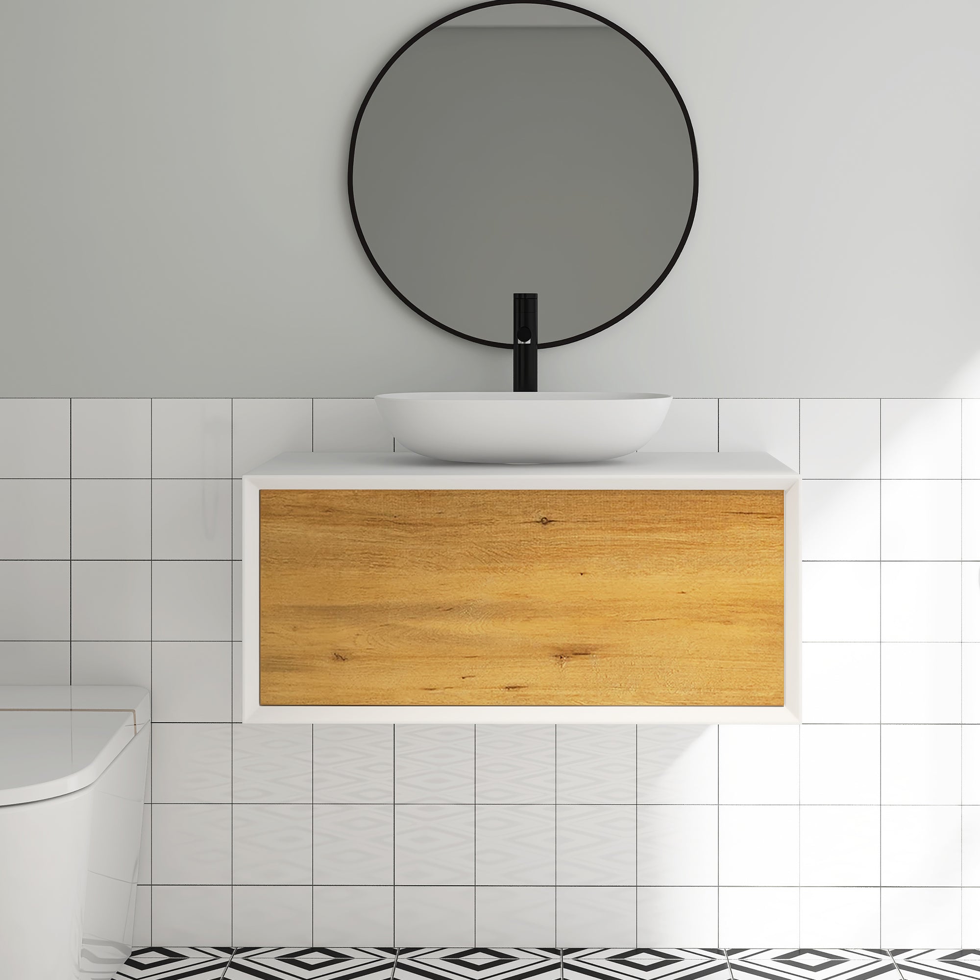 36 in. Wall Mounted Bathroom Vanity Set with White Solid Surface Top and Vessel Sink