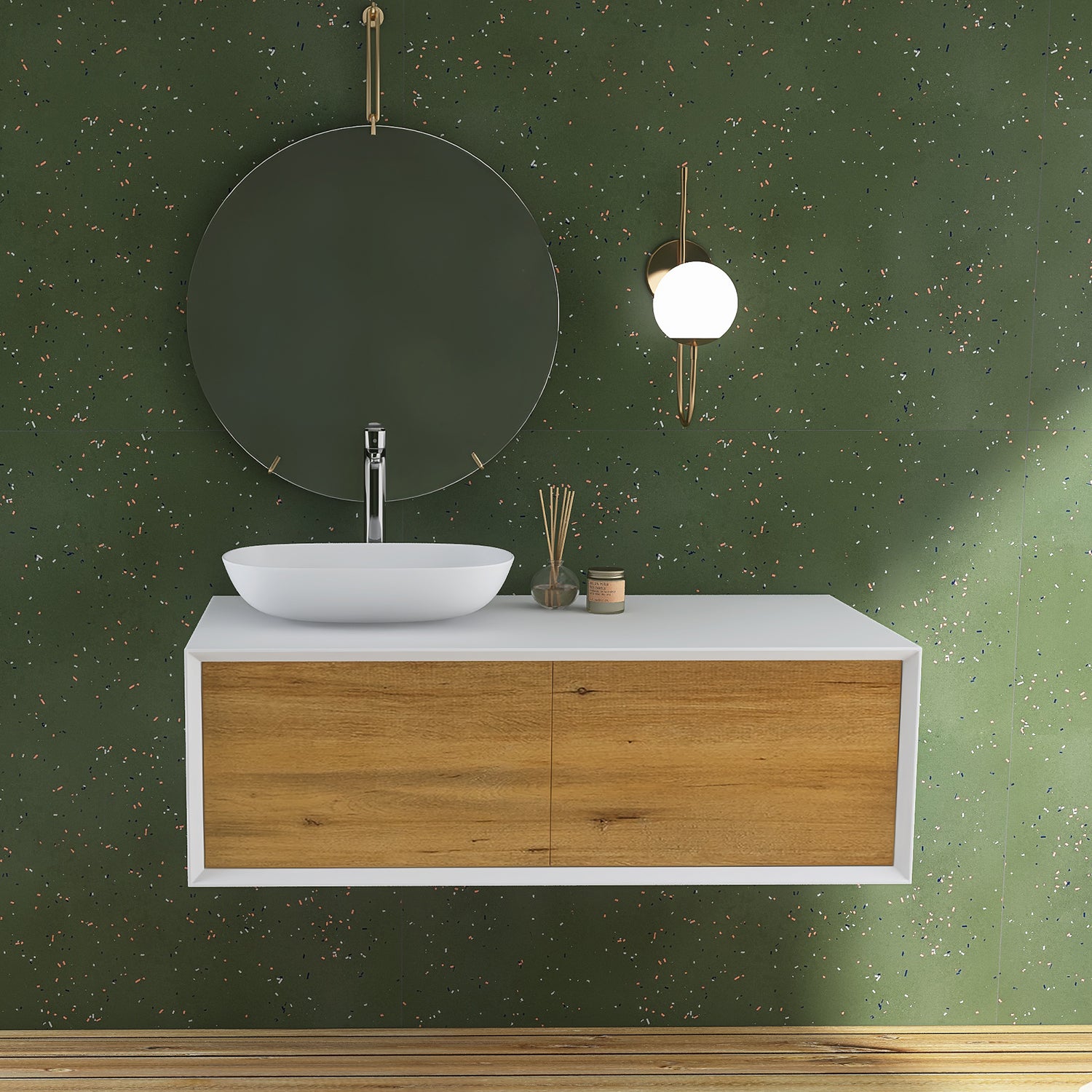 48 in. Wall Mounted Bathroom Vanity Set with White Solid Surface Top and Vessel Sink