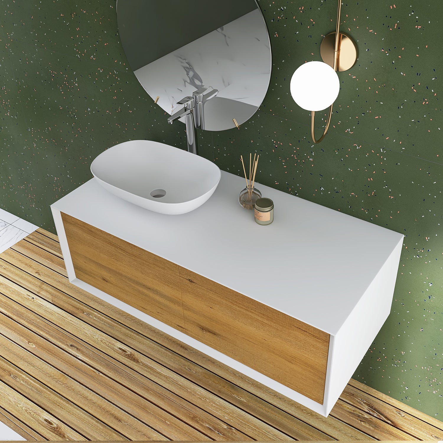 48 in. Wall Mounted Bathroom Vanity Set with White Solid Surface Top and Vessel Sink