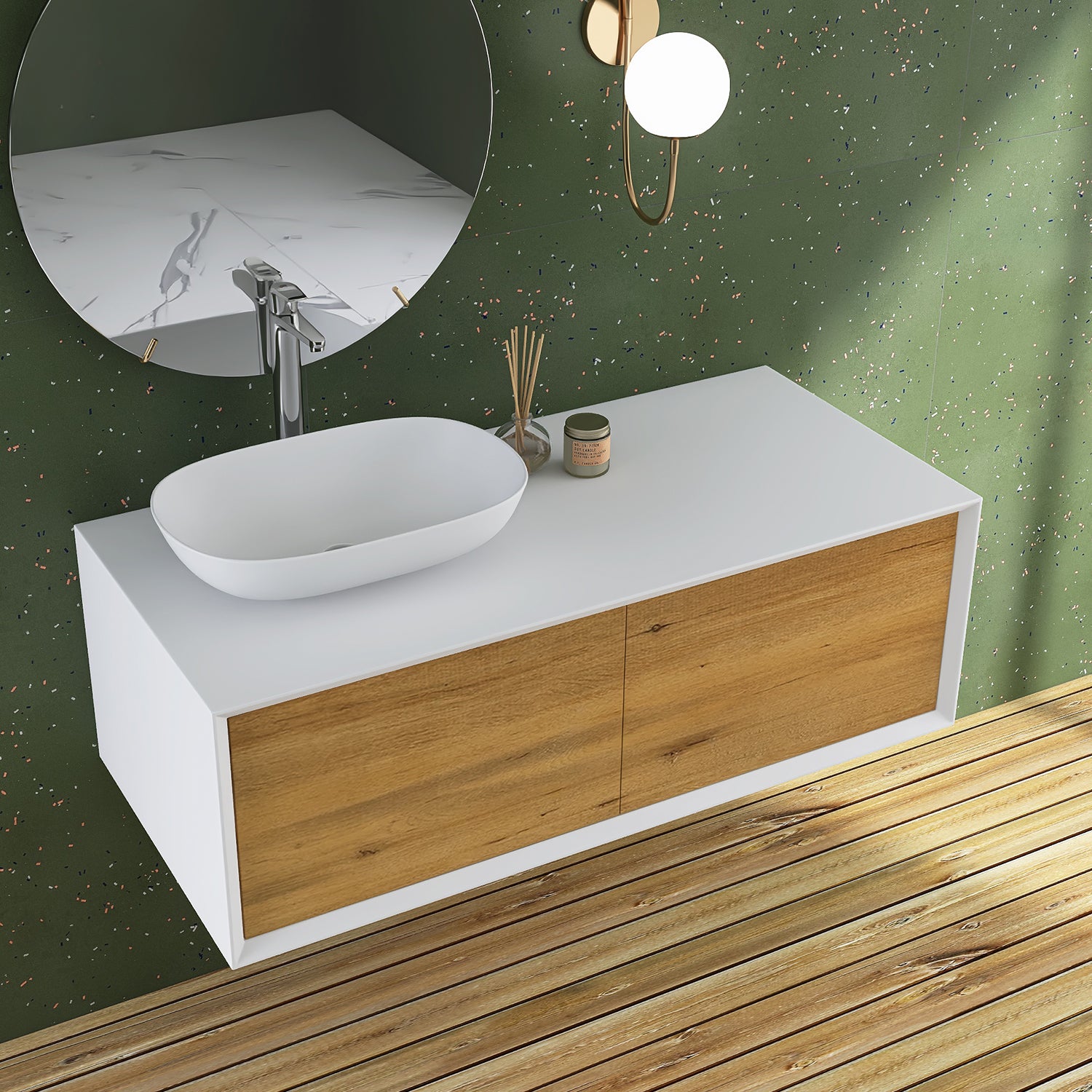 48 in. Wall Mounted Bathroom Vanity Set with White Solid Surface Top and Vessel Sink