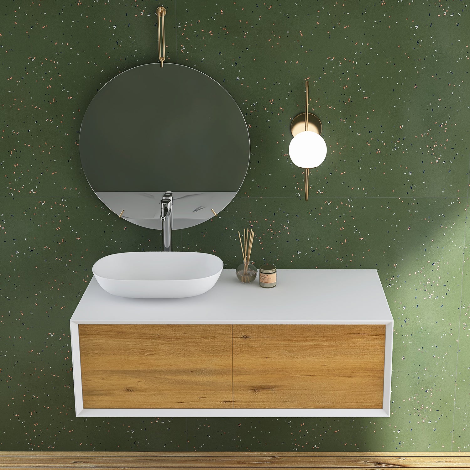 48 in. Wall Mounted Bathroom Vanity Set with White Solid Surface Top and Vessel Sink