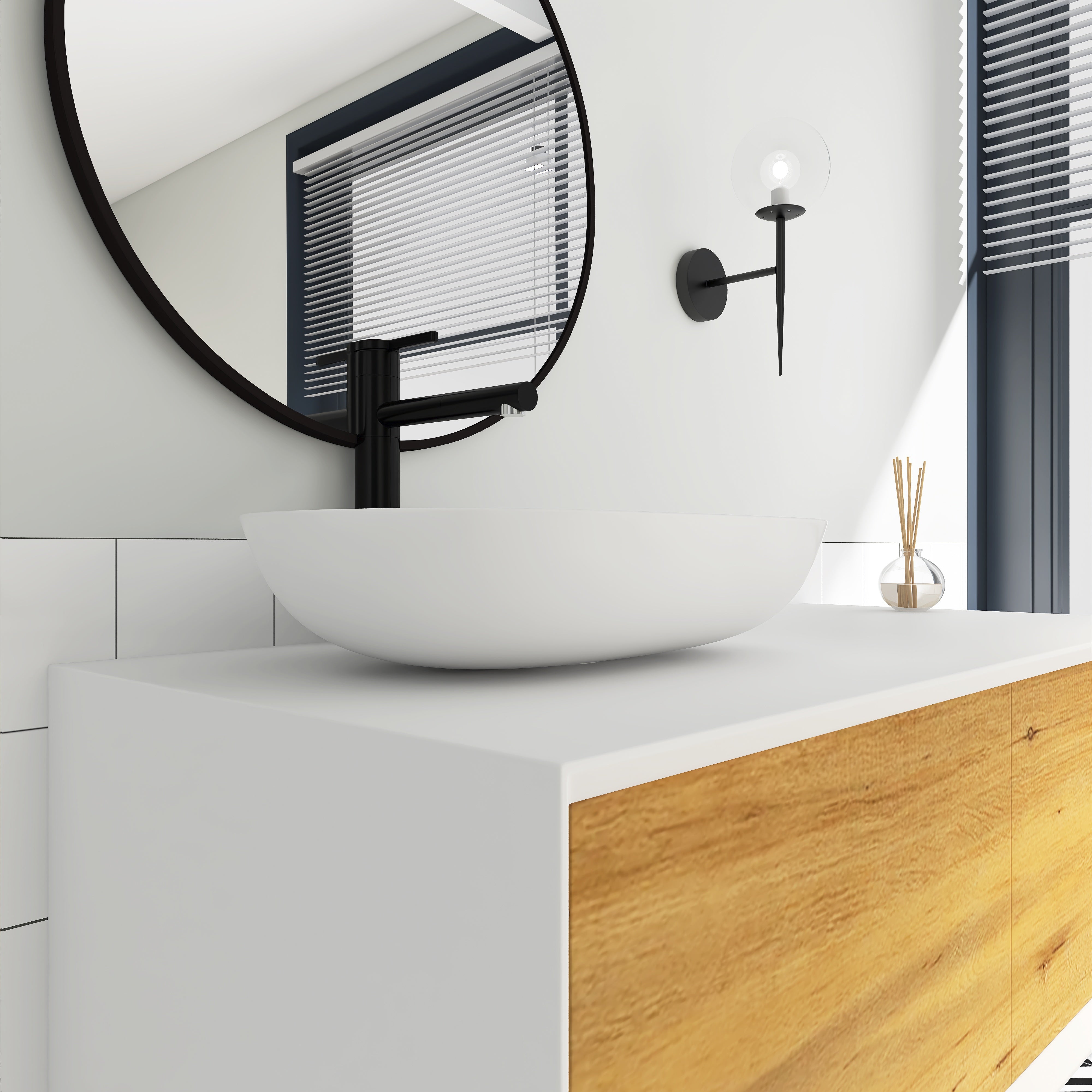 48 in. Wall Mounted Bathroom Vanity Set with White Solid Surface Top and Vessel Sink